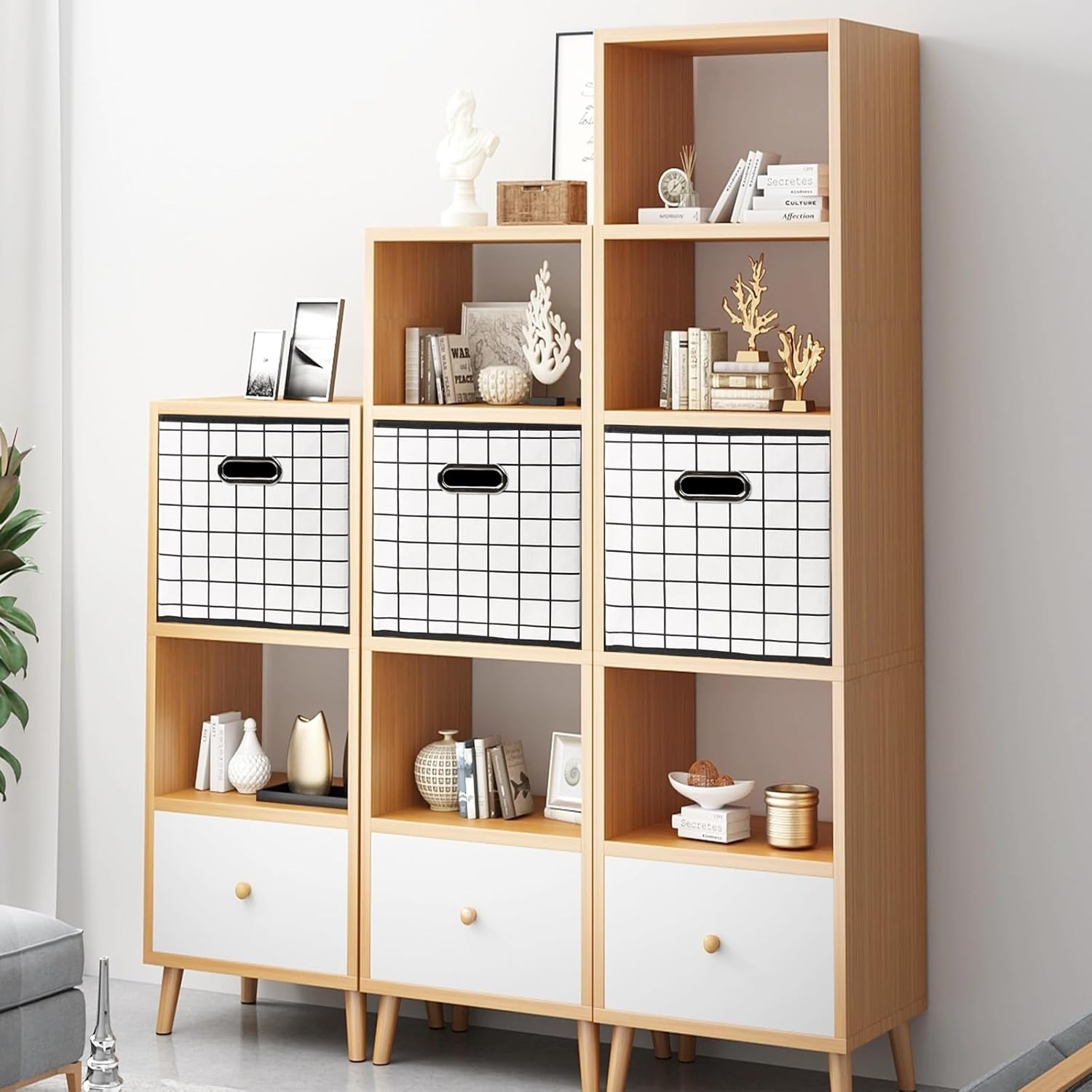 Yunkeeeper storage bins Cubes, Fabric Cube Organizer with Handle, Foldable Cube Bins for Cloth or Accessary Storage, 11x11x11, Set of 6, (White grid)