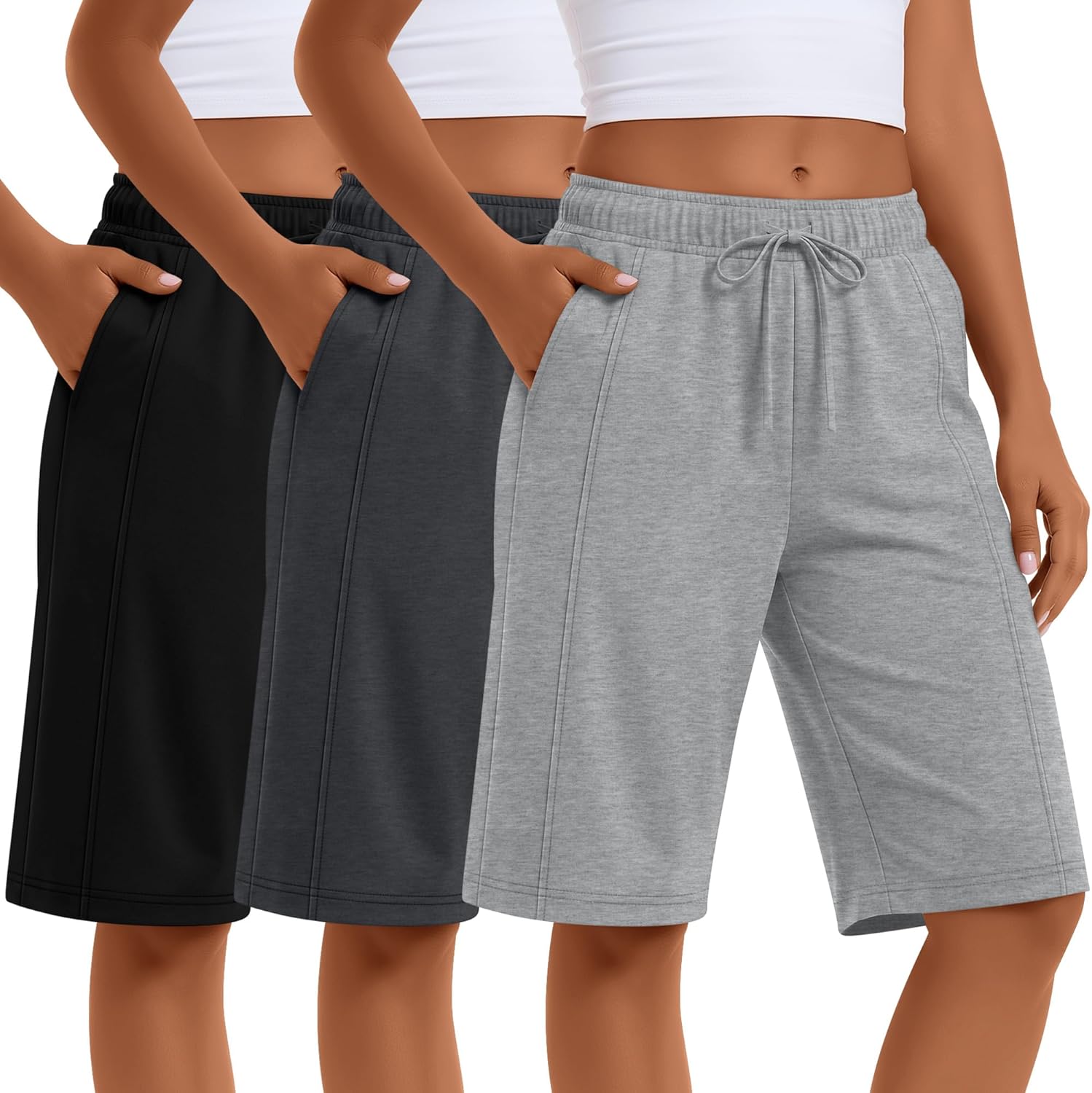 3 Pack Women's Bermuda Shorts Knee Length Lightweight Elastic Drawstring Casual Lounge Yoga Pants with Pockets