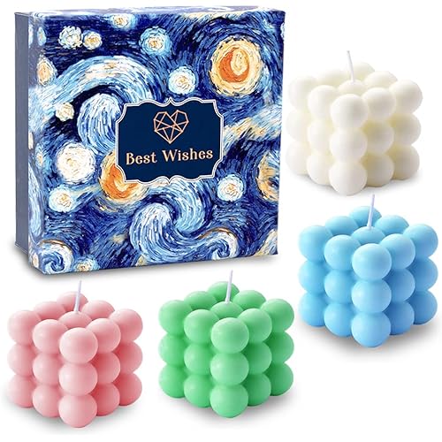 Scented Bubble Cube Candles Gifts Set for Women, Home Decor Scented, 4 Pack 5.4 oz Soy Wax Aromatherapy Candles, Room Aesthetic Bedroom Decoration Gifts, White, Blue, Pink, Green