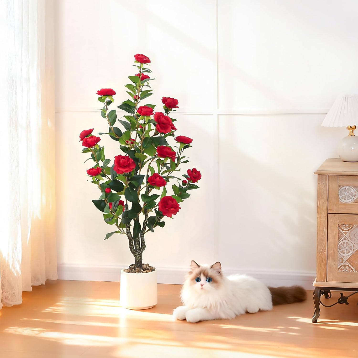 Artificial Camellia Tree 2 Pack – 40'' Realistic Fake Potted Plant with 30 Red Flowers, Lifelike Faux Camellia Trees for Home, Living Room, Patio, Wedding, Event Decoration - Image 6