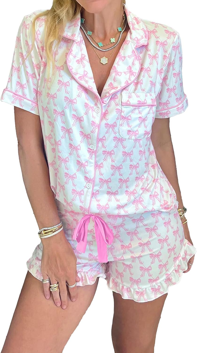 Cute Pajama Sets for Women Floral Bow Valentine's Heart Loungewear Short Sleeve Ruffle Cheetah Print Pjs