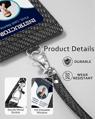 Miniatura 5 de Soporte para tarjetas de identificación de fibra de carbono con cordón para el trabajo, elegante y duradero, con doble capacidad para tarjetas,