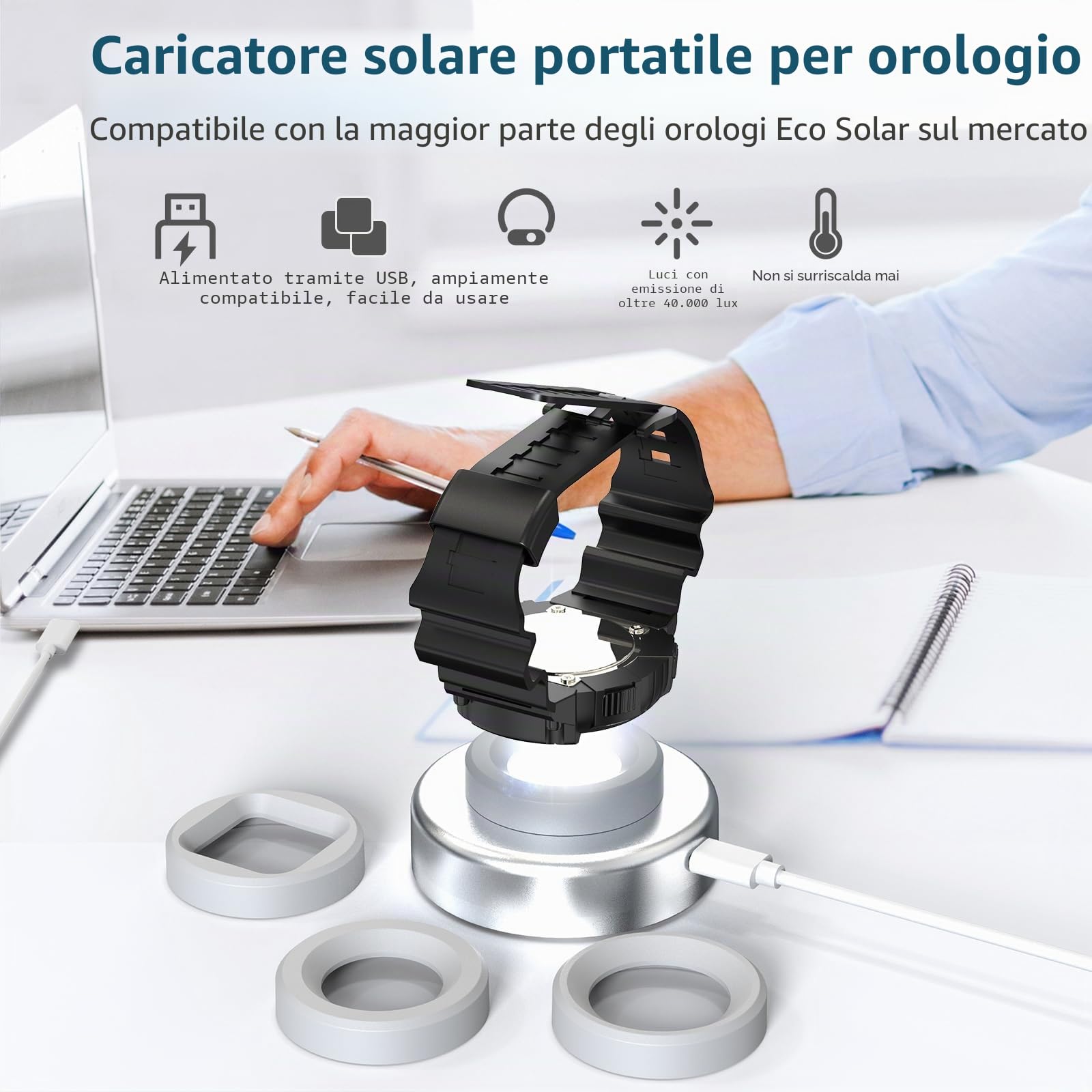 Caricatore solare per orologi Eco Solar per uomini, donne e dimensioni quadrate con 3 cappucci Eco Driver compatibile con Casio G Shock, Tough, Protrek, Seiko, Citizen, Garmin, Timex, Bering, FANMIS