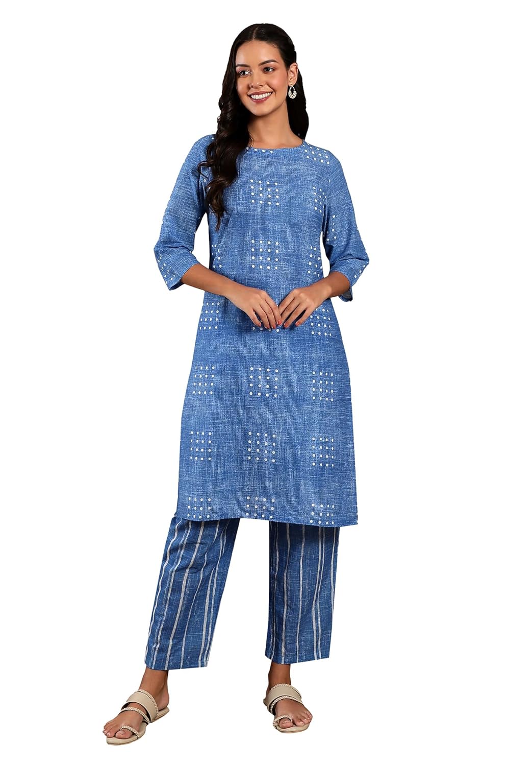 W for Woman Blue Geometric Print Cotton Co-Ord Kurta Set With Slim Pant For Women