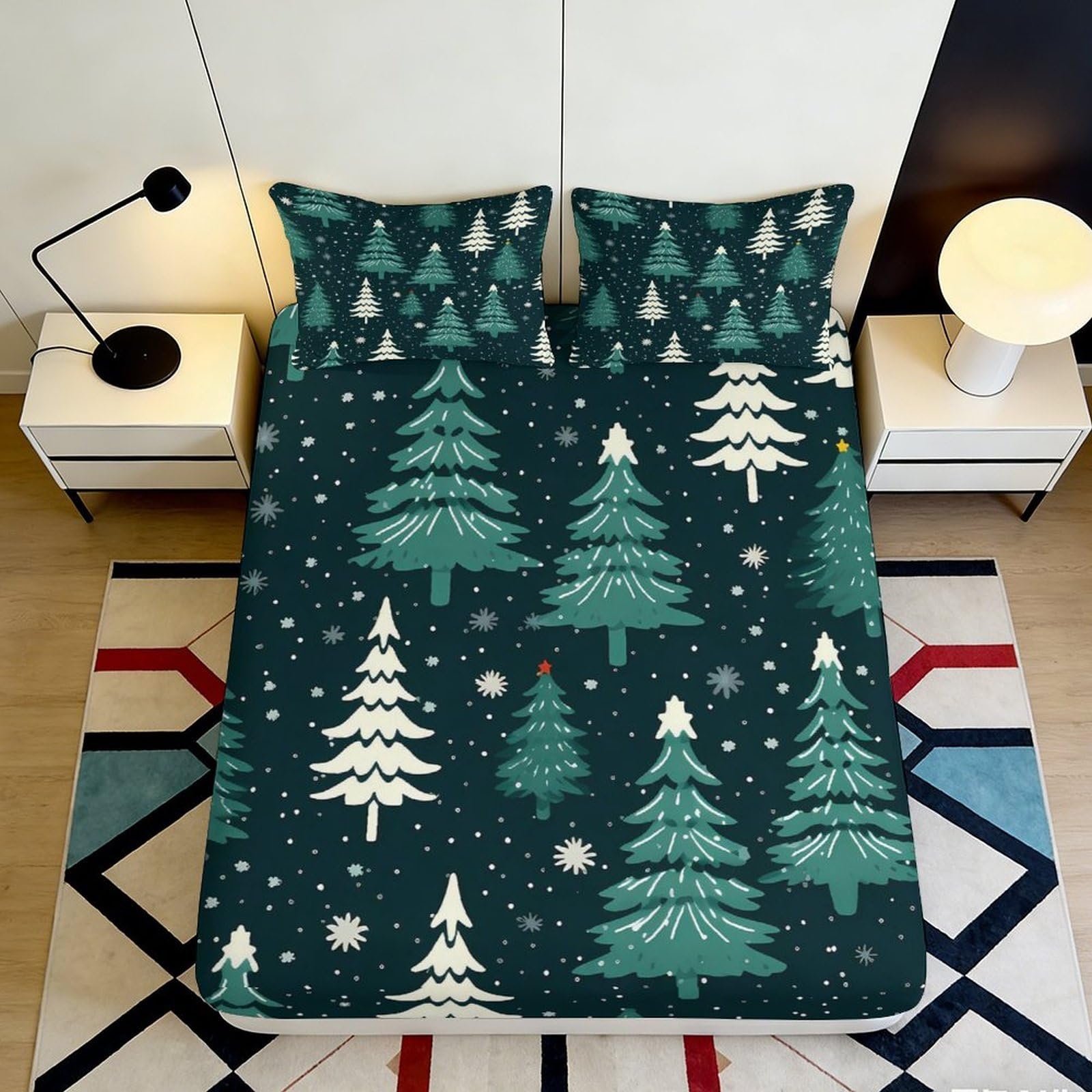 Pnayamiorkfel Style-1 3D Printed Christmas Tree Fitted Sheet Microfiber Soft Snow Forest Mattress Cover For Bedroom Guest Room Decor 90X200x25cm