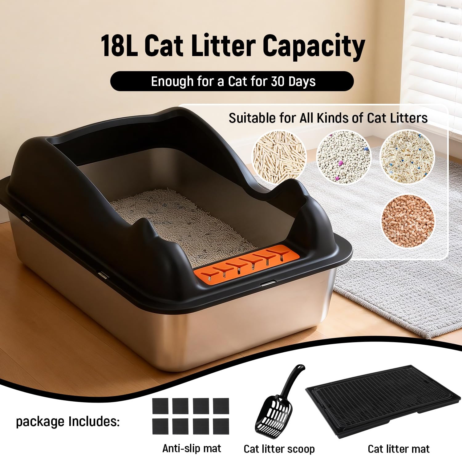 Bac Litière pour Chat en INOX, Maison de Toilette Chat avec Pelle et Tapis Litière, Bord Haut, Anti-Fuite, Amovibles, Facile à Nettoyer, pour Chats Adultes, Chatons, Lapins