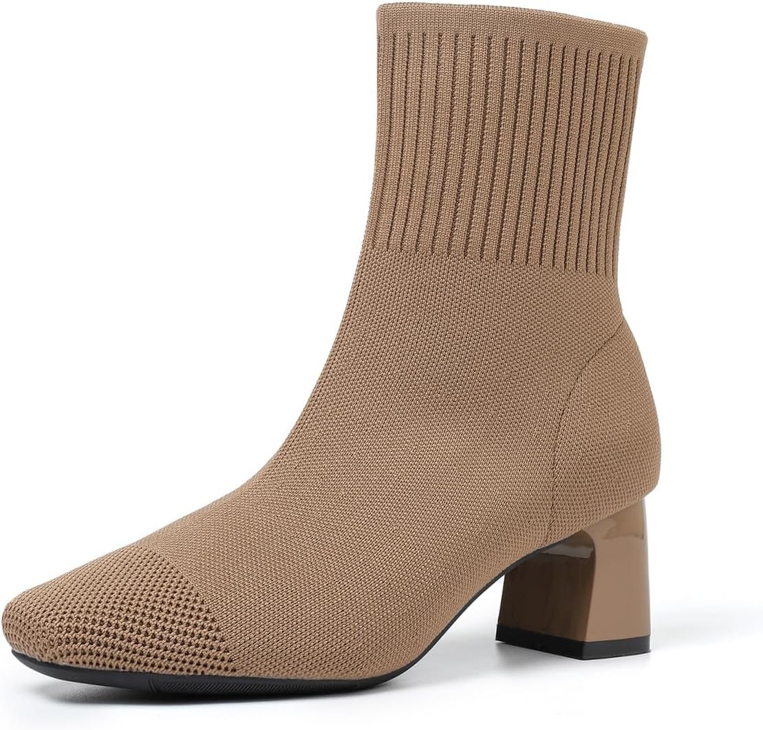 AHZEHRSE Ankle Boots for Women Dressy Comfy Knit Sock Booties Square Toe Chunky Heel Slip on Elastic Fall Booties