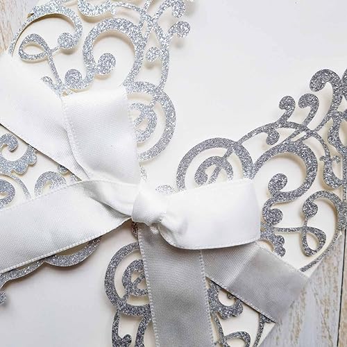 Miniatura 7 de 20 tarjetas de invitaciones de boda con cinta y sobres, de 5 x 7.28 pulgadas, cortadas con láser, de encaje, con purpurina, para boda, despedida de
