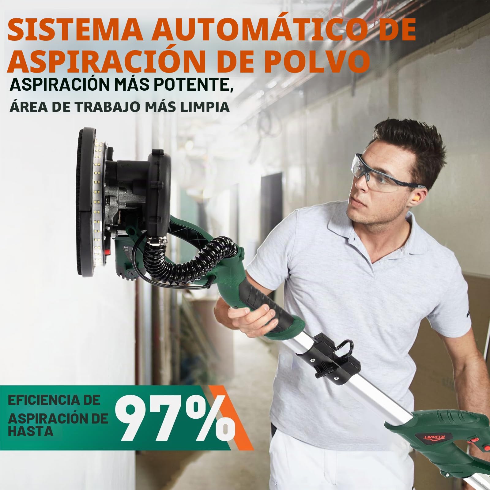 Lijadora de Pared, 850W Lijadora Eléctrica con 12 Discos de Lijado, 6 Velocidades Variables 800-1750 RPM, con Mango Extensible, Luz LED, Manguera Larga para Polvo y Bolsa de Almacenamiento