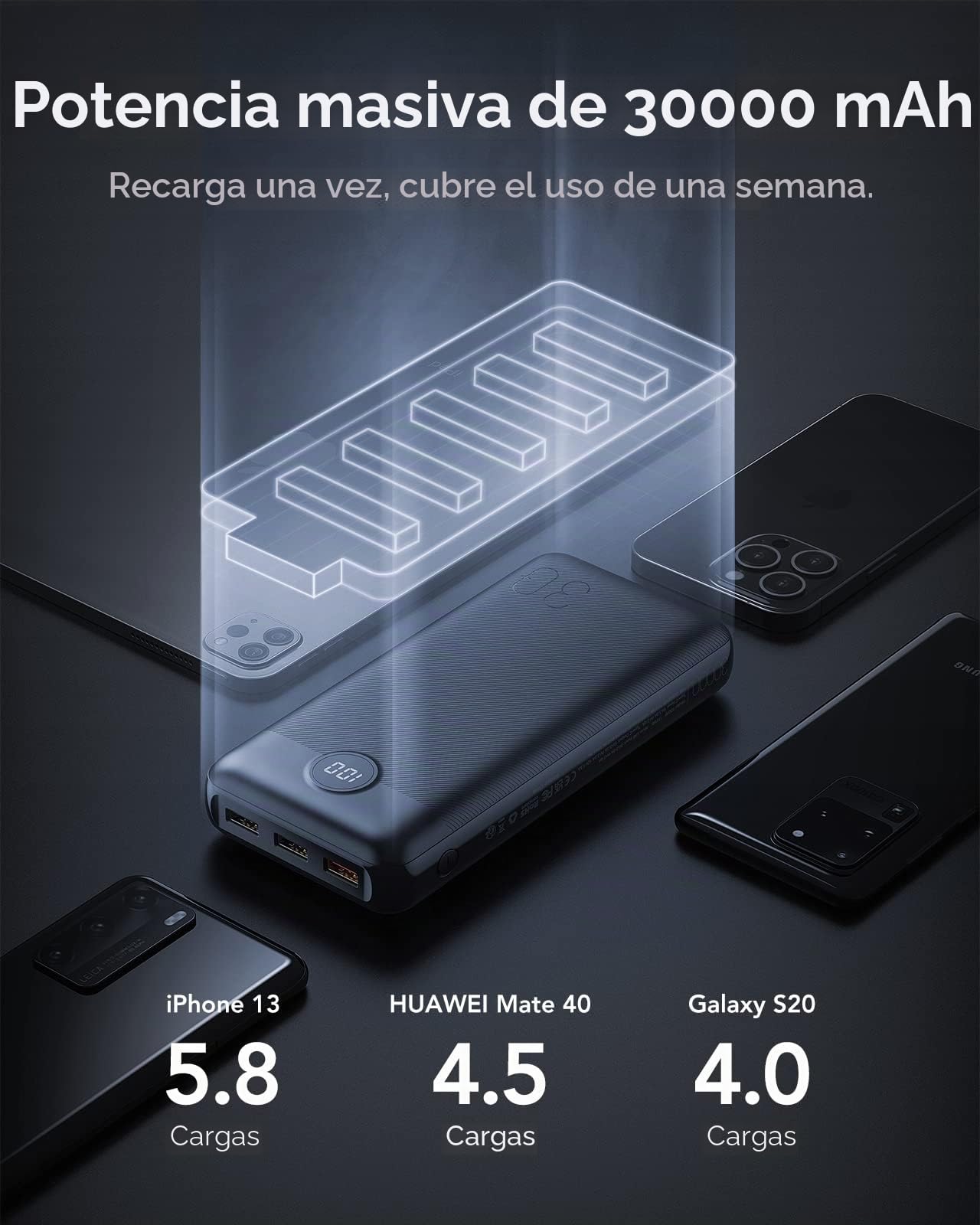 VEGER - Batería Externa de 30000 mAh, batería portátil, Carga rápida, PD 20 W MAX Power Bank USB C con 4 Salidas y 2 entradas para iPhone 13 12 Samsung S21 S20 S22 Huawei Xiaomi