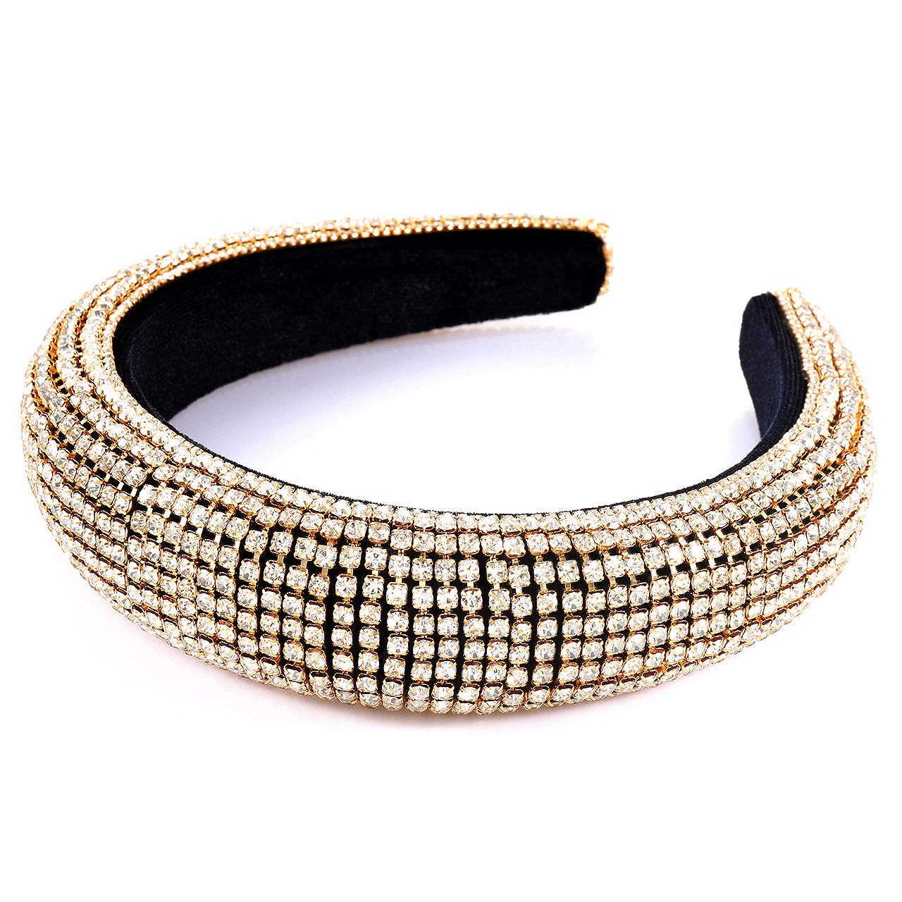 Rhinestone Velvet Padded Headband For Women Bejewelled Crystal Wide Hairband Statement Wedding Headpiece Hair Accessory (gold)