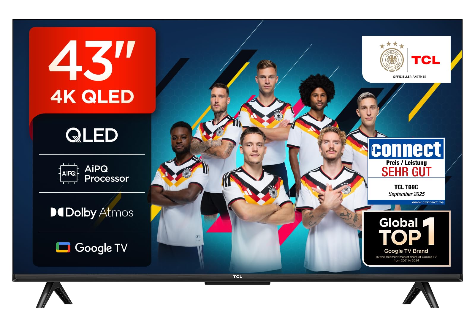 TCL 43T69C 43 Zoll QLED, Direct LED TV, 4K HDR TV, Smart Google TV (Dolby Vision & Atmos, Motion Clarity, Kompatibel mit Google Assistant & Alexa)