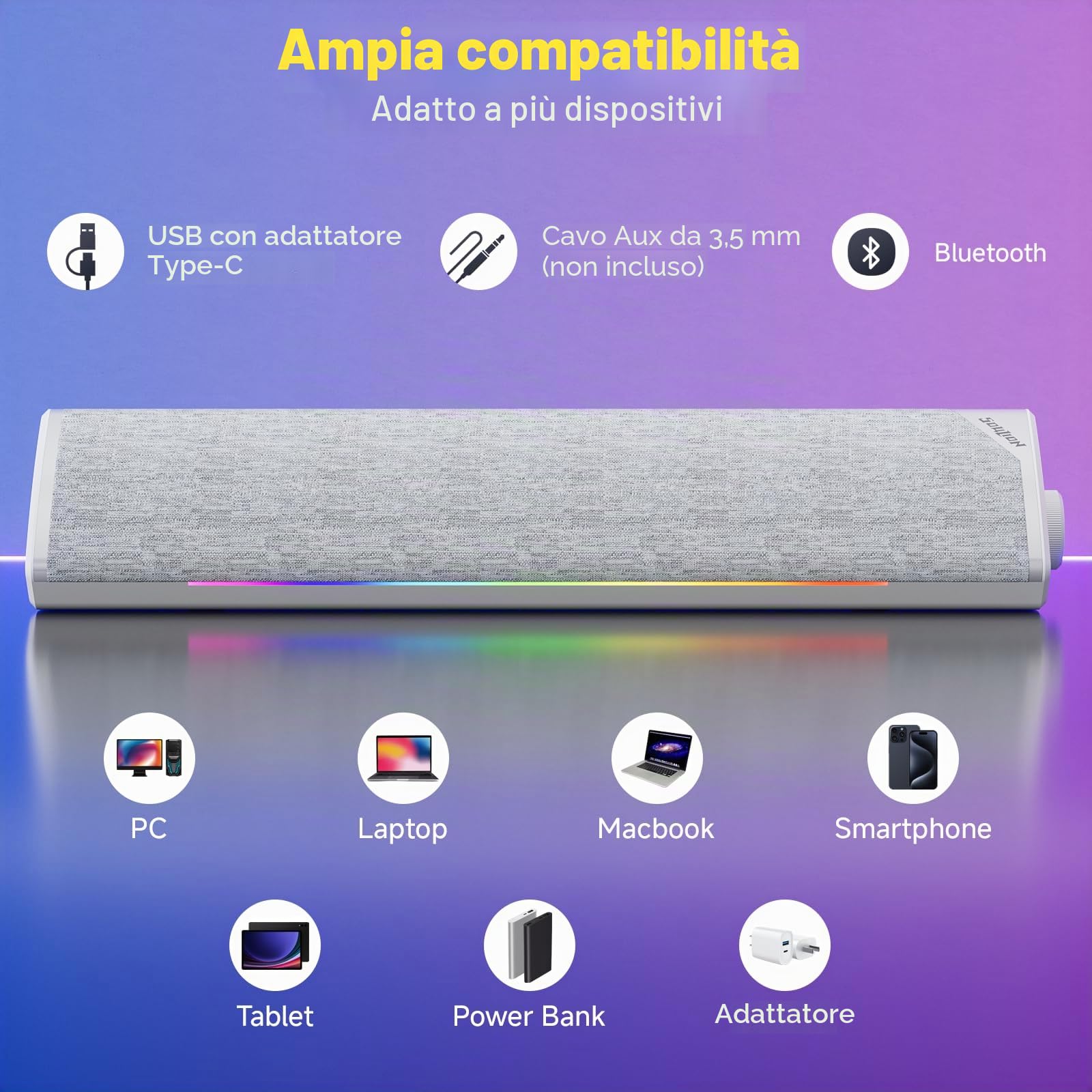 SOULION R60 Casse USB Bluetooth RGB Soundbar Bianco per PC, Portatile, Gaming, Monitor, Altoparlante Stereo 12W, Alimentazioni USB, con Aux Jack 3.5mm, Design del tessuto di moda