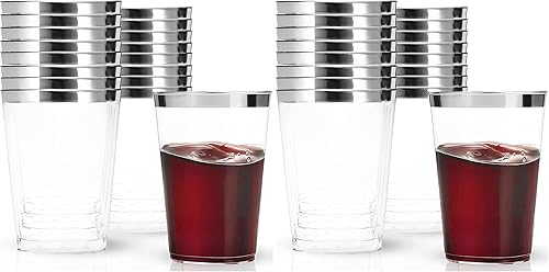 Miniatura 4 de Blue Sky Vasos elegantes de 8 onzas con borde plateado (16 unidades)  Vasos desechables de plástico transparente de alta calidad para fiestas, bodas