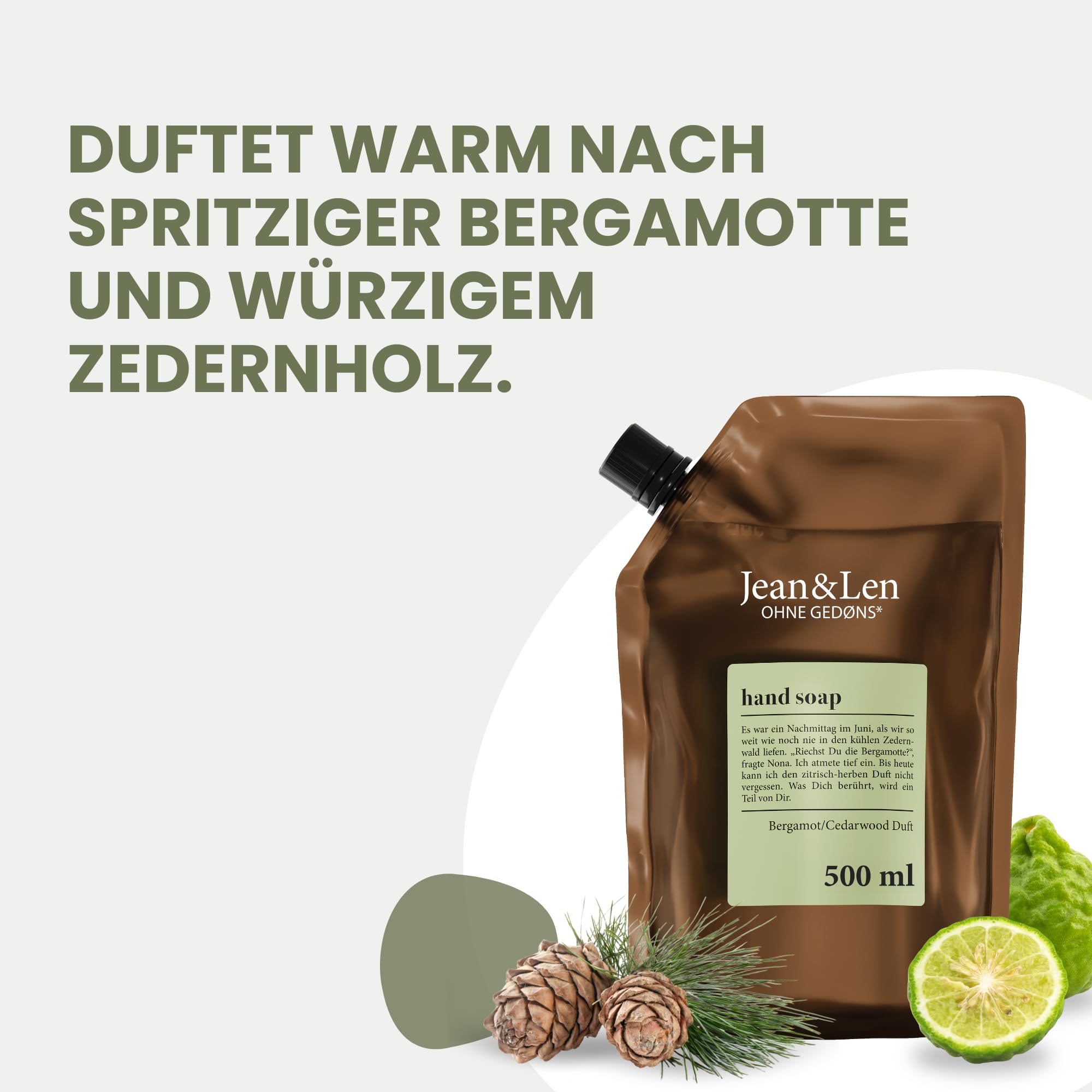 Jean & Len Savon mains bergamote & cèdre en flacon nu, nettoie les mains stressées, usage quotidien, parfum citronné frais, set vegan, 4 x 500 ml