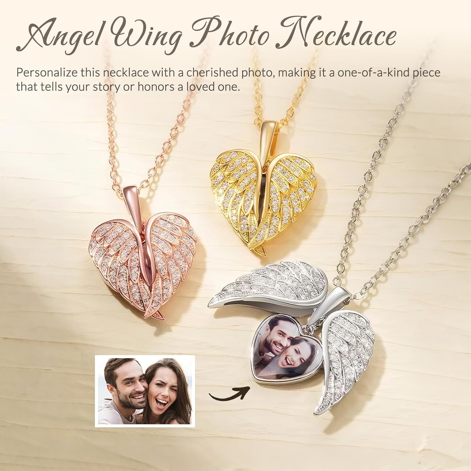 925 Sterling Silver Personalized Heart Locket Necklace Custom Photo Heart Angel Necklace with Picture Inside Memorial Necklace for Women Her - Image 3