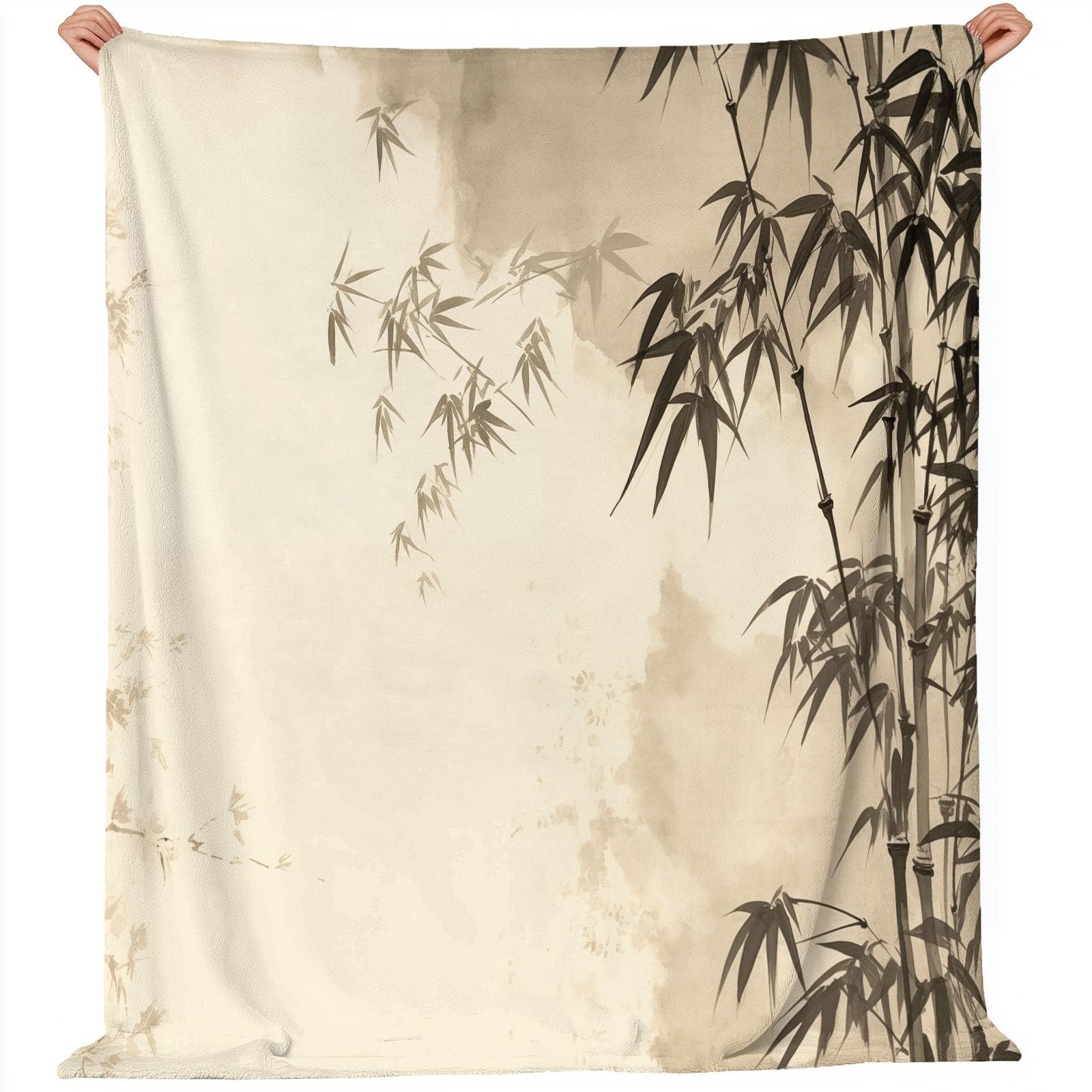 Koc z polaru flanelowego 200 x 220 cm, wszystkie pory roku chiński obraz bambusowy atrament super miękki, ciepły i przytulny koc na łóżko i sofę beżowy dla kobiet mężczyzn dorosłych