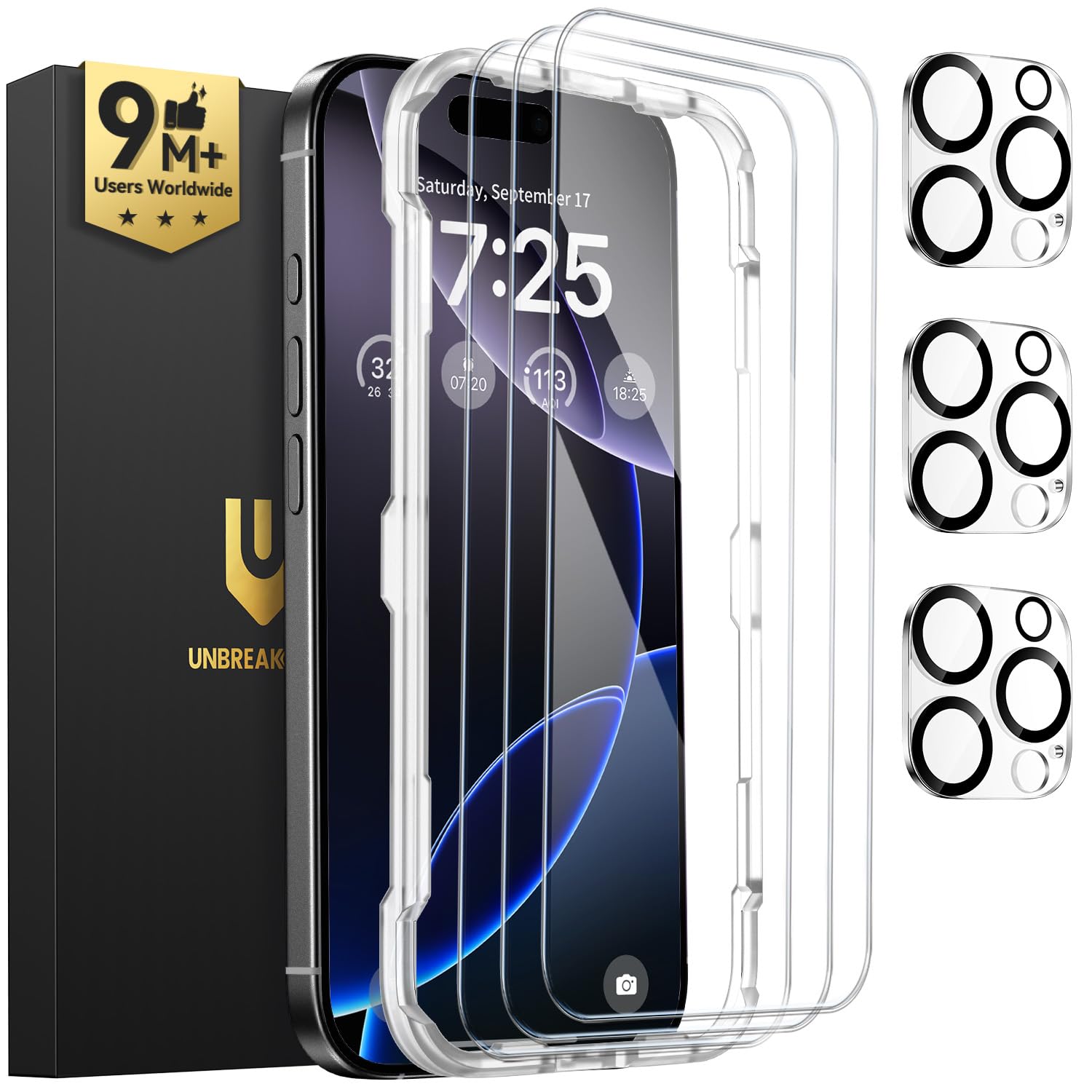 UNBREAKcable iPhone 16 Pro Screen Protector 3-Pack, Upgraded Dual-Tempered Glass + 3 Camera Lens Protectors, Military-Grade 9H Hardness, HD Clarity, Anti-Fingerprint, Case Friendly, 6.3 Inch
