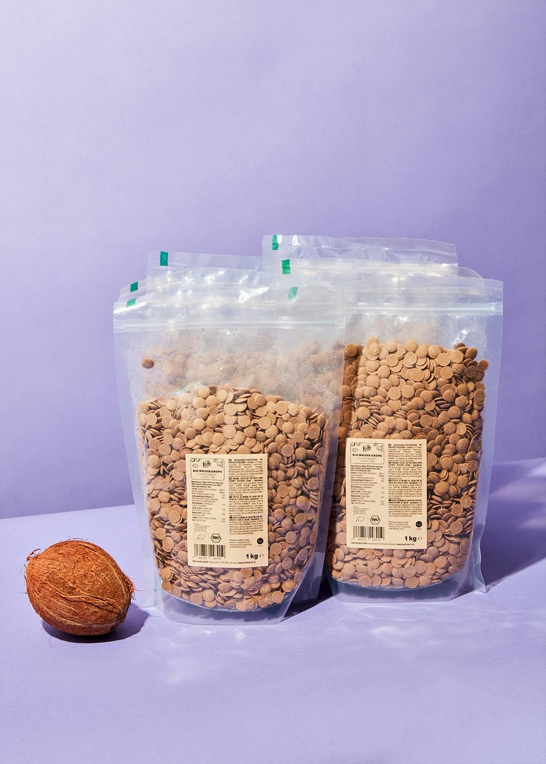 KoRo – Pépites de beurre de cacao bio au sucre de coco 6 x 1 kg – Goût sucré et caramélisé – Vegan – Idéal pour pâtisserie