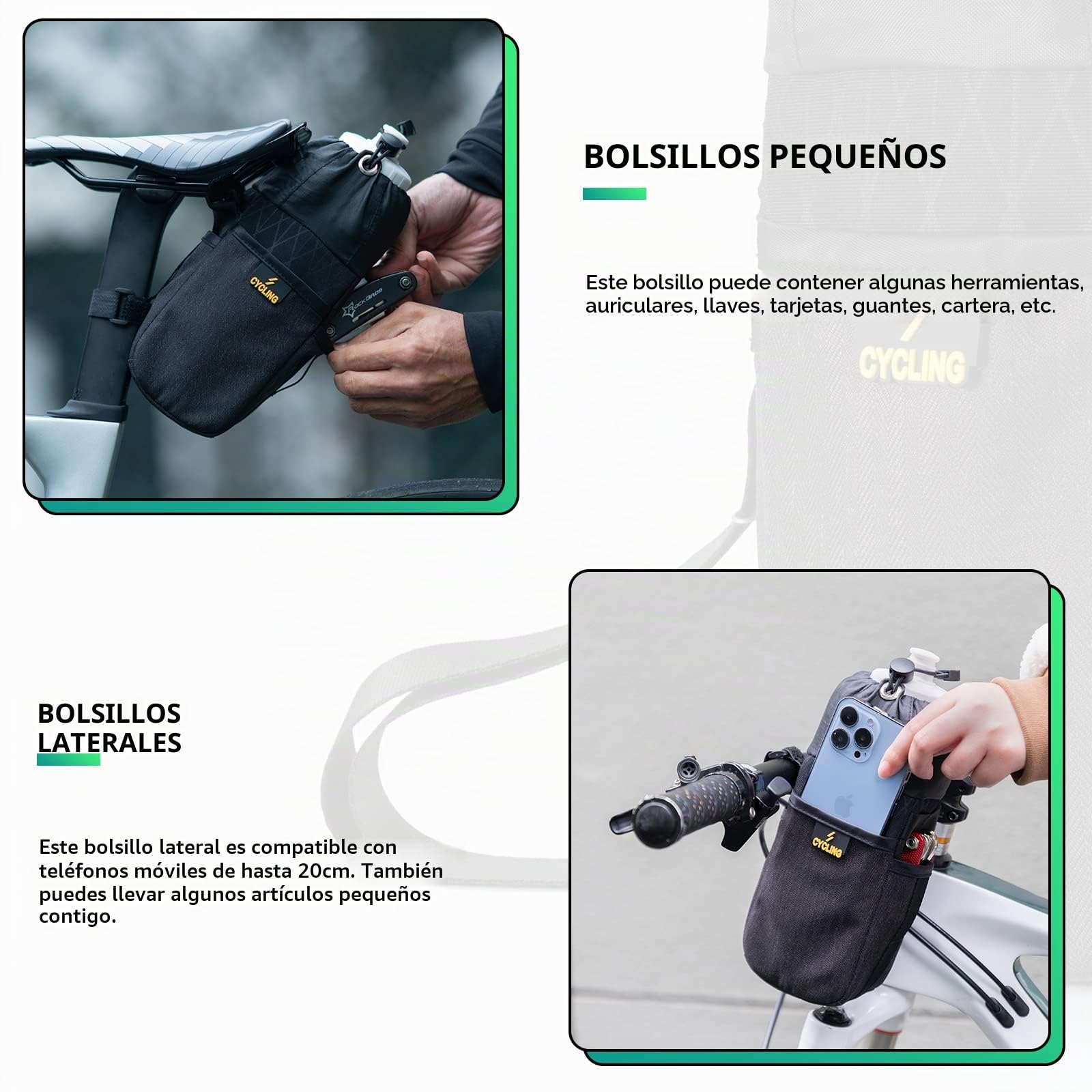 ROCKBROS Portabidón Manillar Bicicleta 1L, Bolsa de Botella de Agua Universal Portabotellas para MTB Ciclismo Cochechito | Instalación sencilla sin tornillos, apto para botellas y latas, estructura fija estable, compatible con MTB