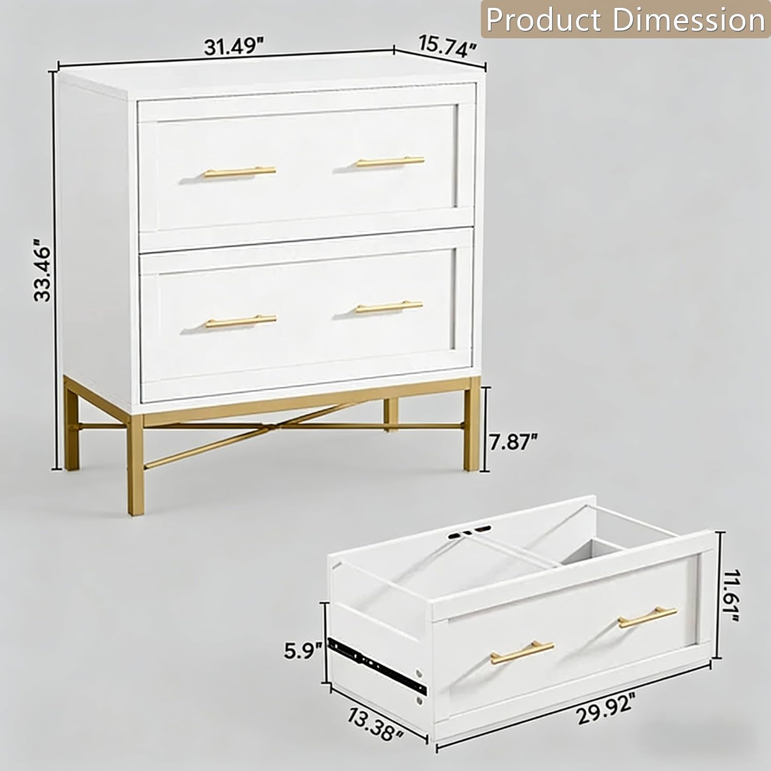 32" Stylish File Cabinets with 2 Smooth Drawers, Practical Locking Cabinet with Adjustable Rails, Fireproof File Case with Anti-tip Design for Office Studio, White