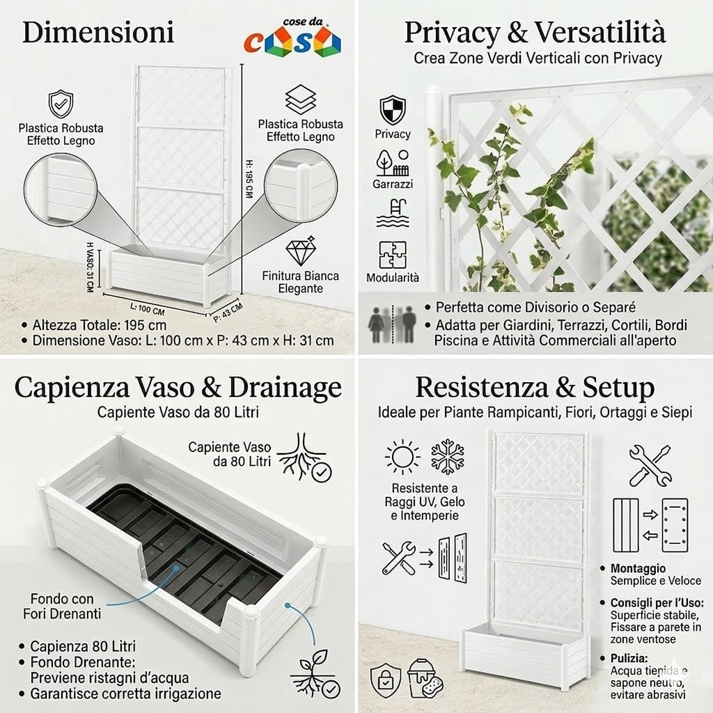 Fioriera Bianca con vaso rettangolare cm 100x43 o vaso quadrato 43x43 e Spalliera Grigliata separe' alta cm 195 graticola rampicante per piante e fiori (Fioriera rettangolare 100x43 cm)