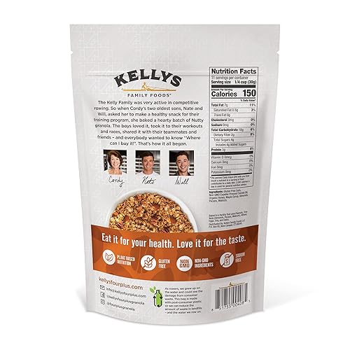 Kelly's Four Plus Granola (Nutty) Cereal de granola saludable con avena de grano entero, miel, jarabe de arce, sin OMG, bajo en azúcar, sin sodio y
