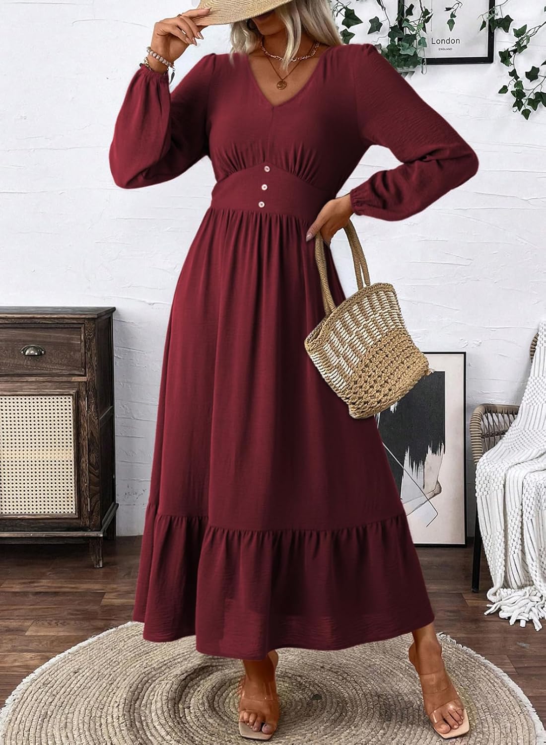 Dokotoo Womens Dresses Fashion 2025 Long Sleeve V Neck Maxi Dresses Elegant Casual Flowy Tiered Boho Beach Vacation Outifits - Image 2