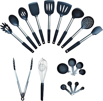 Home & Kitchen Essentials Cooking Utensils Set - Non Stick Silicone Kitchen Utensils Set - Stainless Steel Handles, Heat Resistant, BPA Free, and Dishwasher Safe Black, 19 Pieces