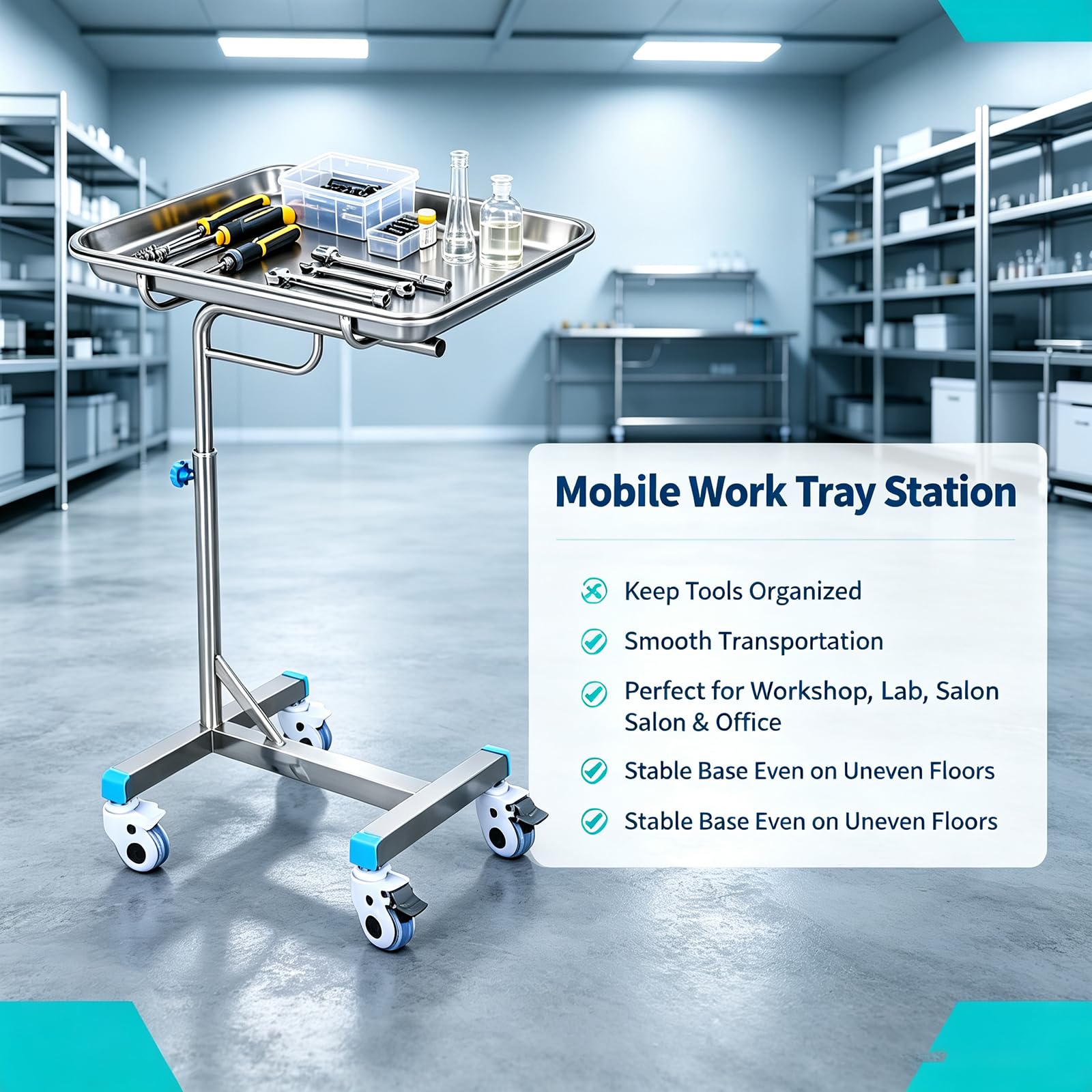 Carro Laboratorio Médico,tamaño Paleta 50*40cm,altura 85-120cm, Capacidad Carga 55libras,con Base Lastrada Tipo H Y Rueda Universal 360°,amplio Espacio Almacenamiento,carro Móvil Un Solo Poste