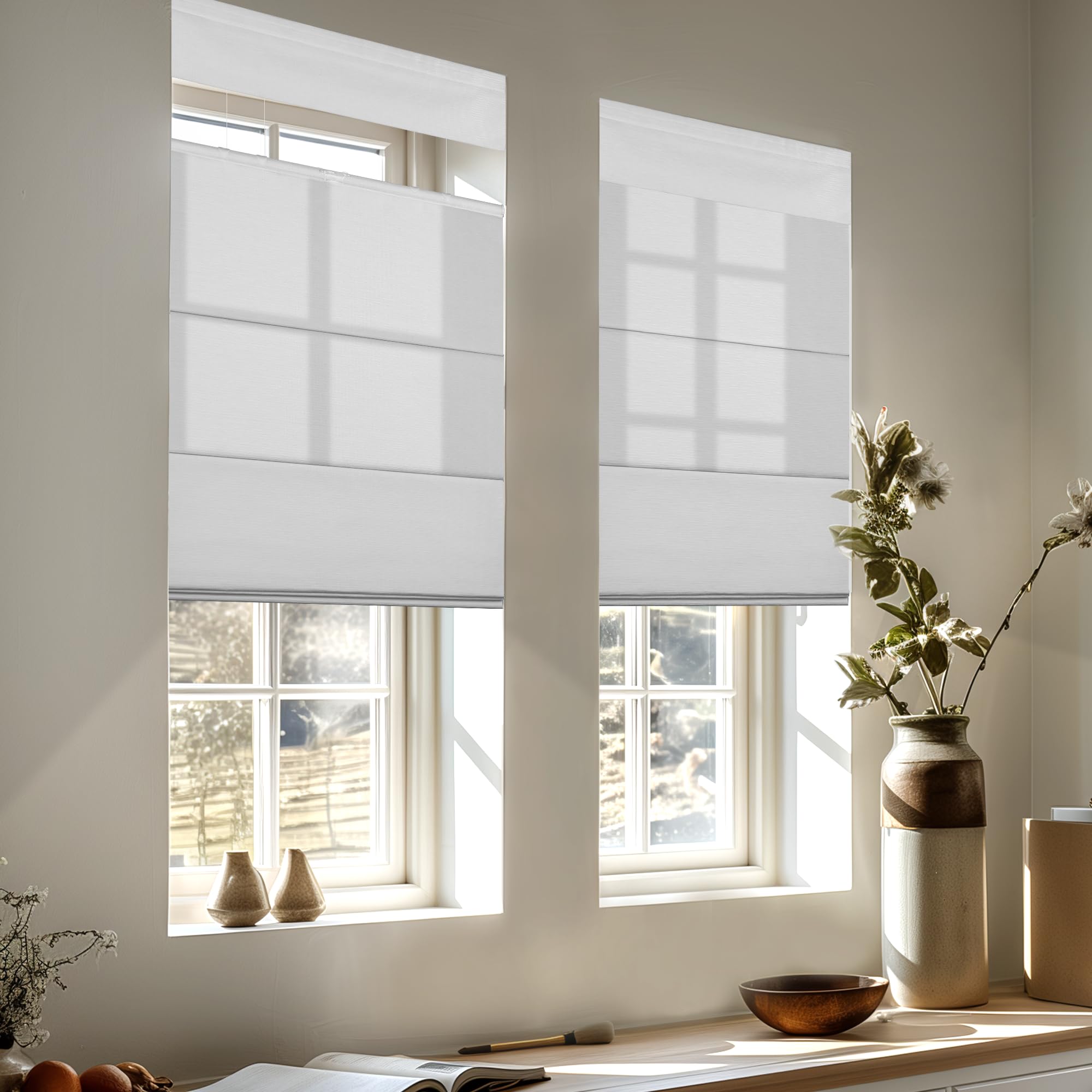 MoDanCeQ Blackout Light Filtering Cordless Top Down Bottom Up Roman Shades for Windows, UV Protection, Privacy, Thermal Insulation Roman Blinds, Easy to Install, Half Blackout-White, Custom Size