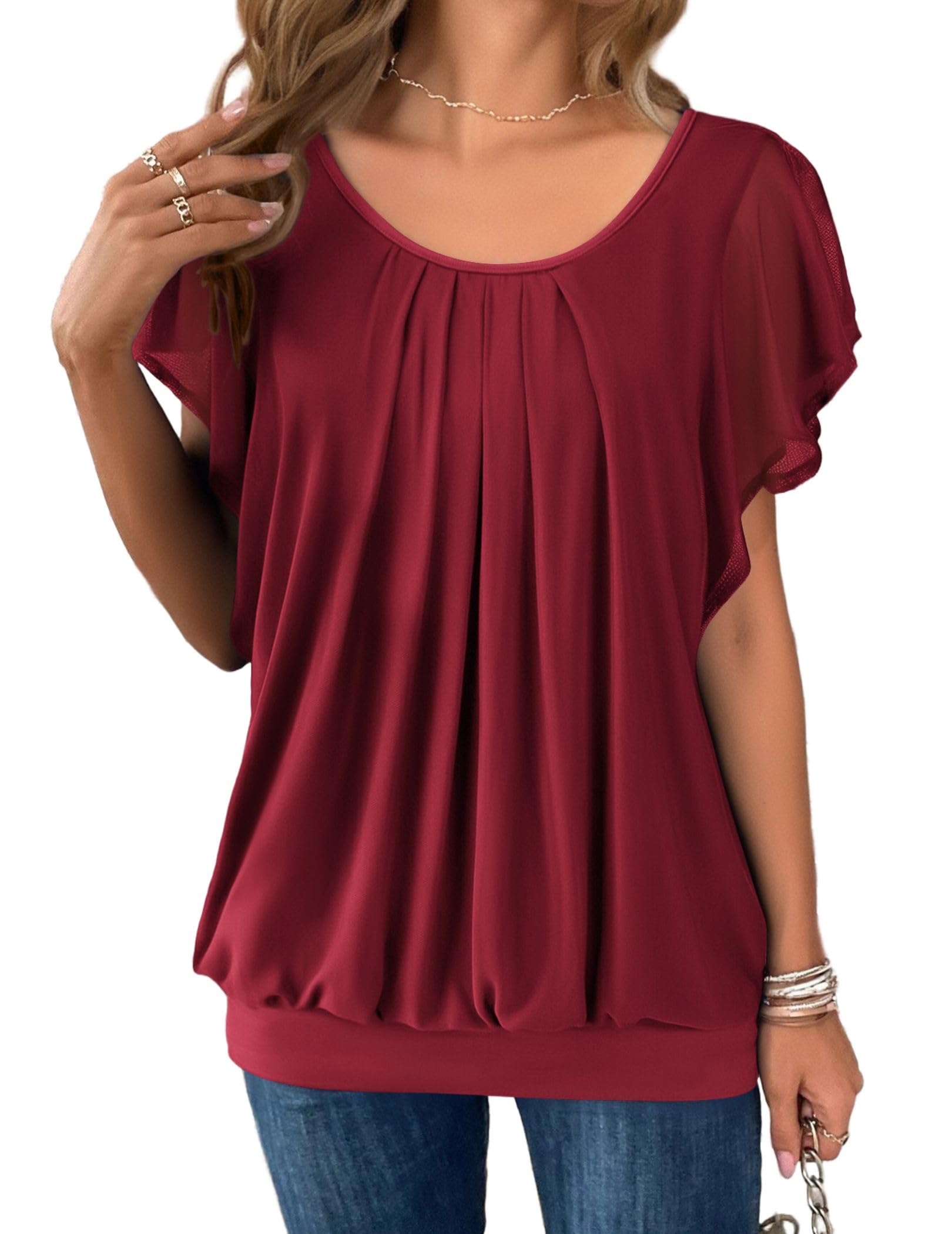 Hotouch Blusen Damen Kurzarm Doppellagig Mesh Rundhals Oberteile Loose Flowy Flügelärmel Tunika Sommer elegant Top