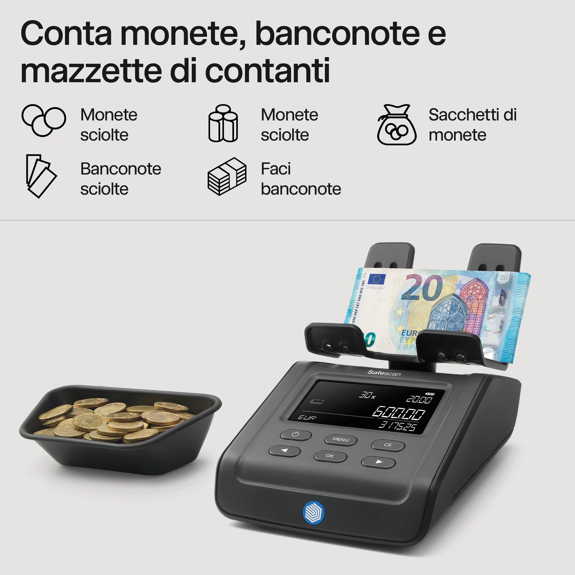 Safescan 6165 Macchina contasoldi che conta monete e banconote, Contamonete con riconoscimento automatico del rotolo di monete, Bilancia conta soldi per un conteggio semplice e veloce delle casse
