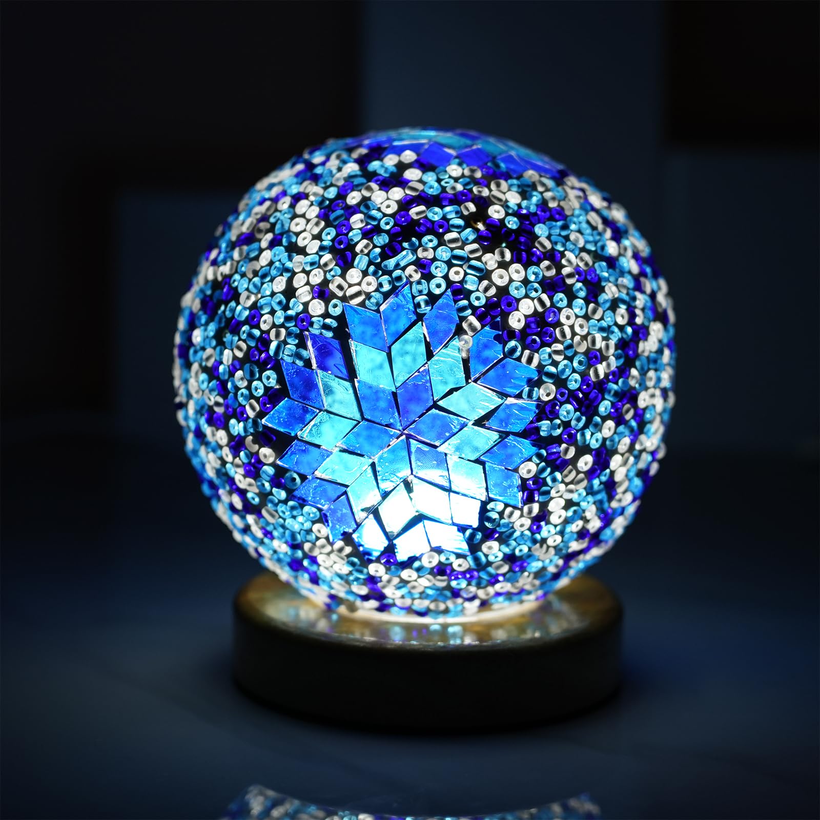 Turkish Table lamp (D:4.7" x H:5.2"),Mosaic Glass Lamps with Wooden Base, Bohemian Tiffany Bedside Lamps, USB power Moroccan Lantern for Living Room Halloween Decorations (Boho - Sky Blue, Boho)