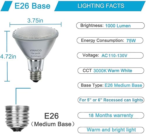 Miniatura 4 de Vinaco Par30 halógena de cuello largo de 75 W, 6 bombillas PAR30s 75 W 120 V, regulables, de alta eficiencia y larga duración, base E26, blanco