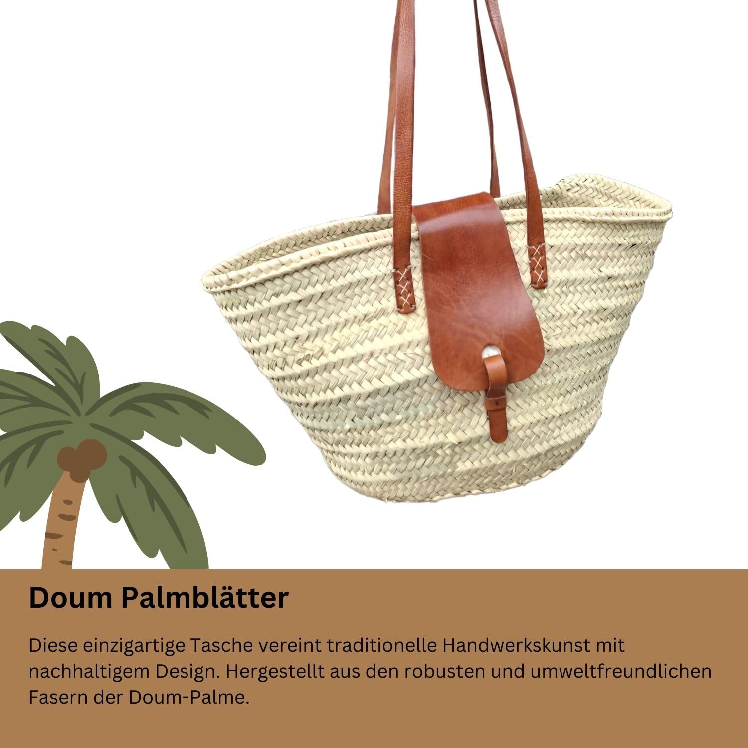 Ibiza Korbtasche Solana modern aus Palmblatt und Leder in Natur 50 cm