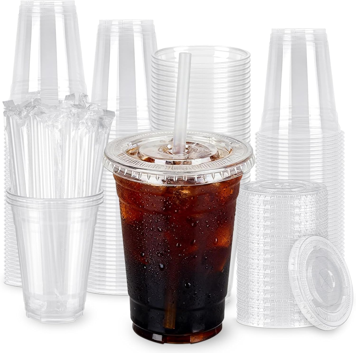 100 Pack 20oz Clear Plastic Cups with Lids and Straws, Large Leak-Proof Disposable Cups for Iced Coffee, Smoothies & Bubble Tea – BPA-Free Recyclable PET To-Go Cups