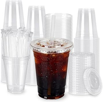 100 Pack 16oz Clear Plastic Cups with Lids and Straws, Leak-Proof Disposable Iced Coffee Cups, BPA-Free Recyclable PET To-Go Cups for Smoothies & Cold Drinks