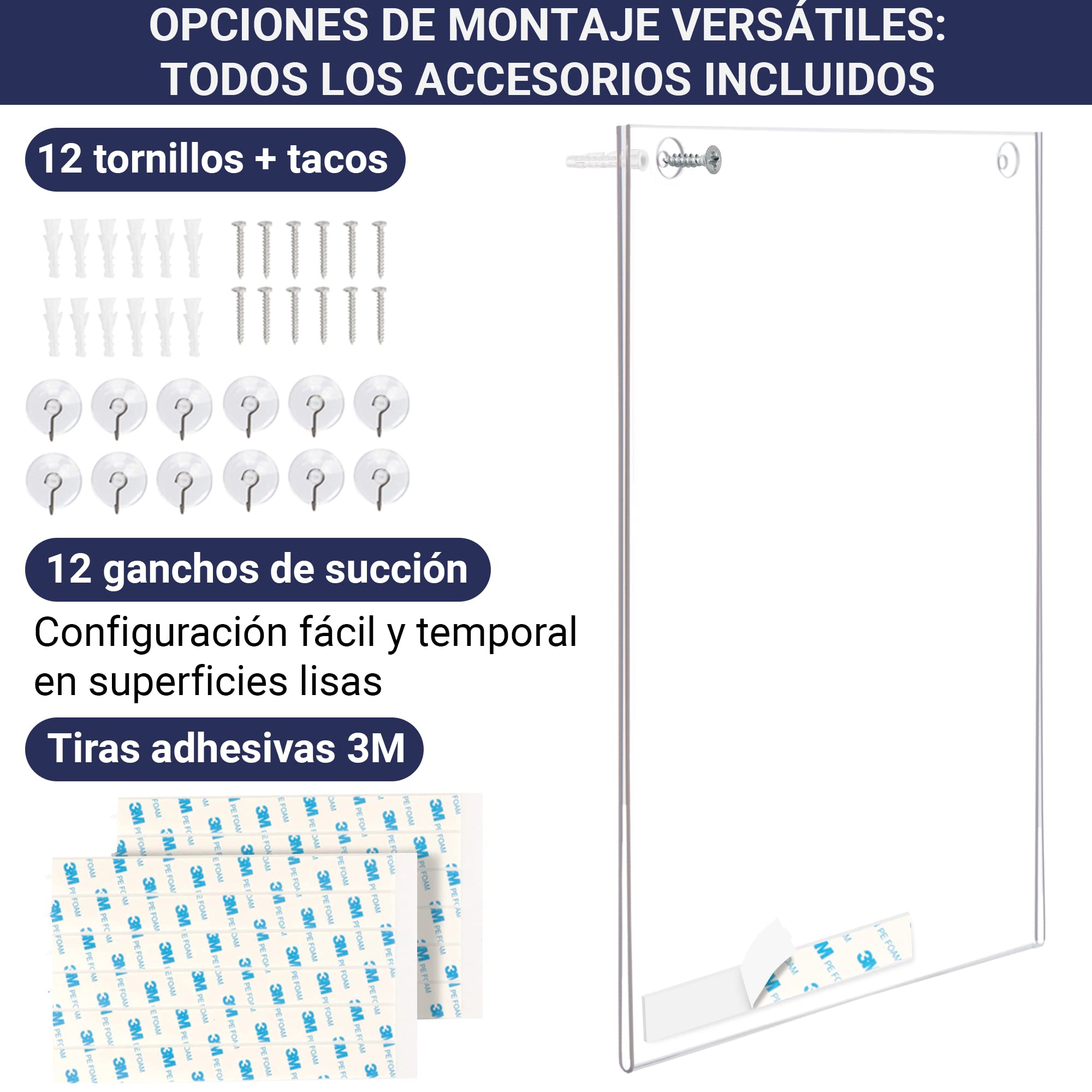 Soporte de letrero acrílico A4 – 6 Unidades, Portapapeles de marco transparente con múltiples opciones de montaje incluidas, soporte de pared para carteles, tablero de mensajes de plástico