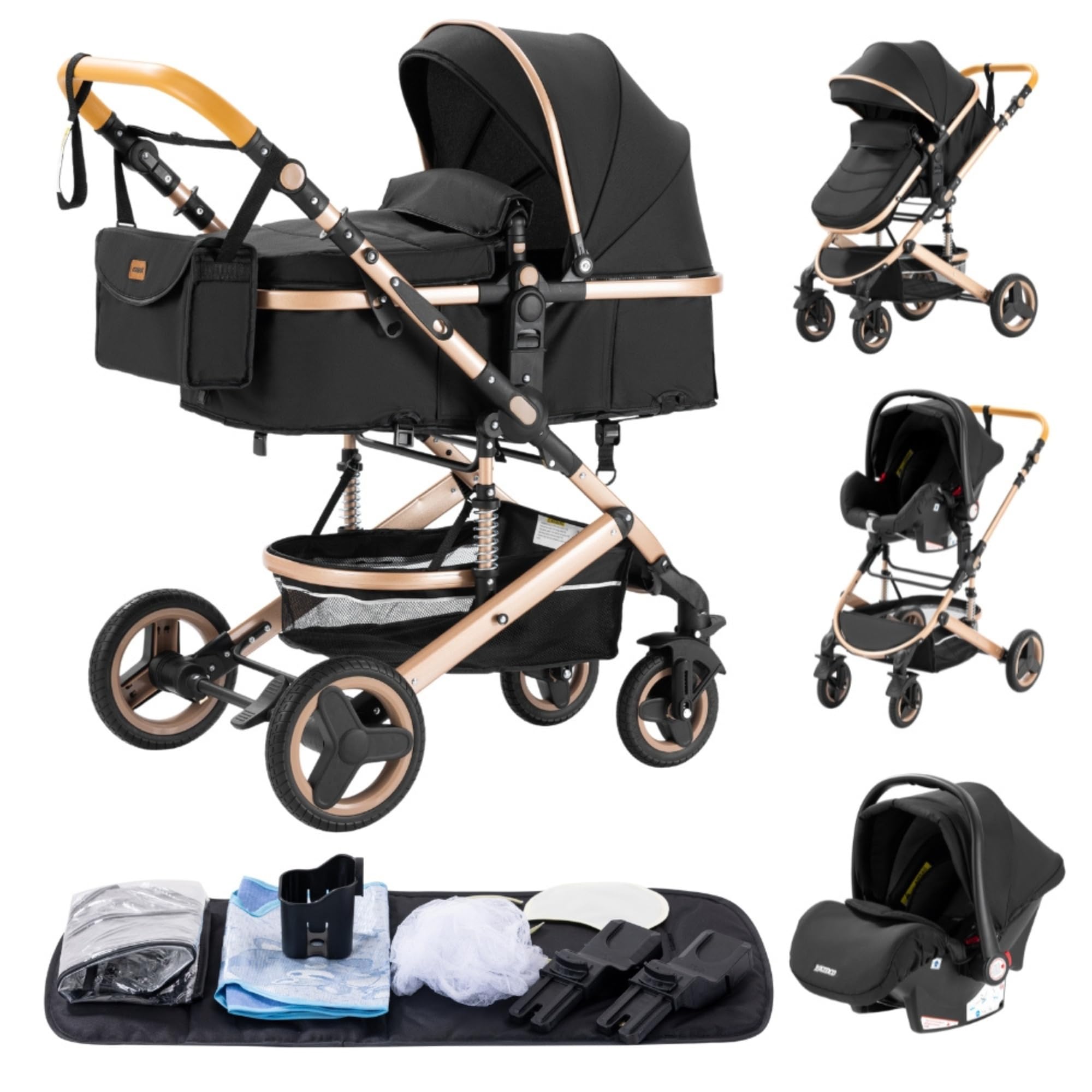YAZOCO Poussette 3 en 1, Combinée Poussette Bébé Réversible, Cadre Aluminium Léger, Haute Vue, Pliage Rapide en Un Clic