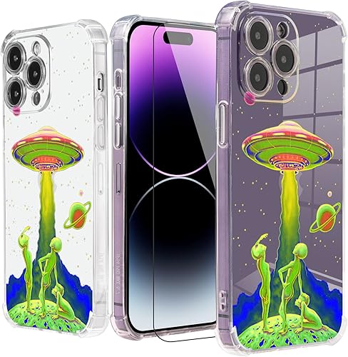 Miniatura 1 de Roemary Funda Aliens para iPhone 13 Pro con diseño de estrellas espaciales, patrón de OVNI trippy con protector de pantalla Buffertech de 6.6 pies