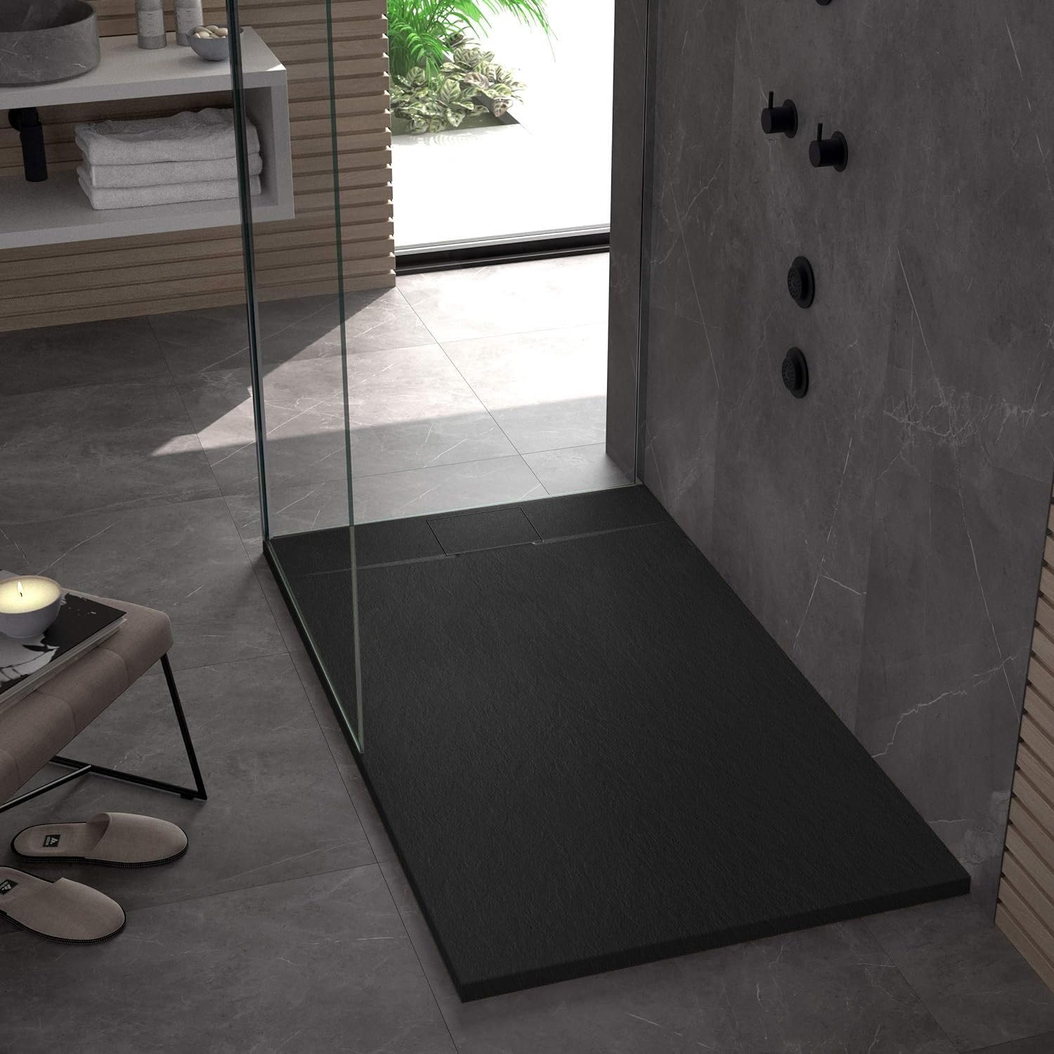 Rea Plato de ducha Bazalt Negro 80x120 cm Plato de ducha antideslizante para Baño (negro)