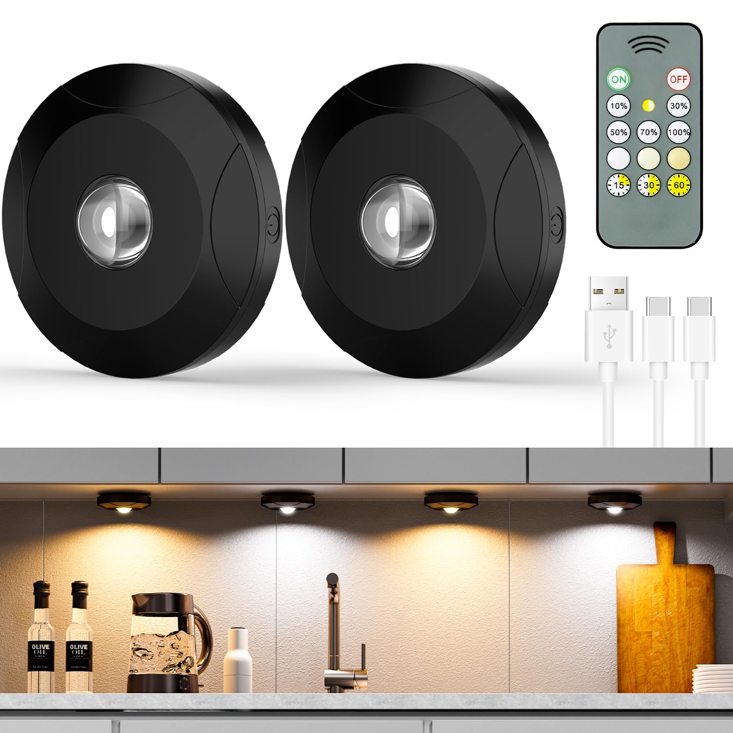 USB Rechargeable LED Spotlights Battery with Remote Control, LED Cabinet Lighting, 3 Colour Temperatures, Dimmable LED Spot, Puck Light, Cabinet Light, Wireless with Timing Function (Pack of 2)