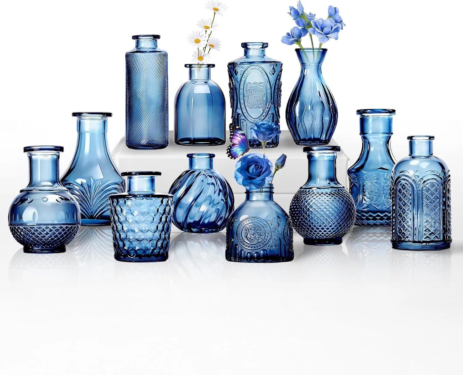 Vases à boutons en verre bleu Sawaoke : lot de 12 pour fleurs