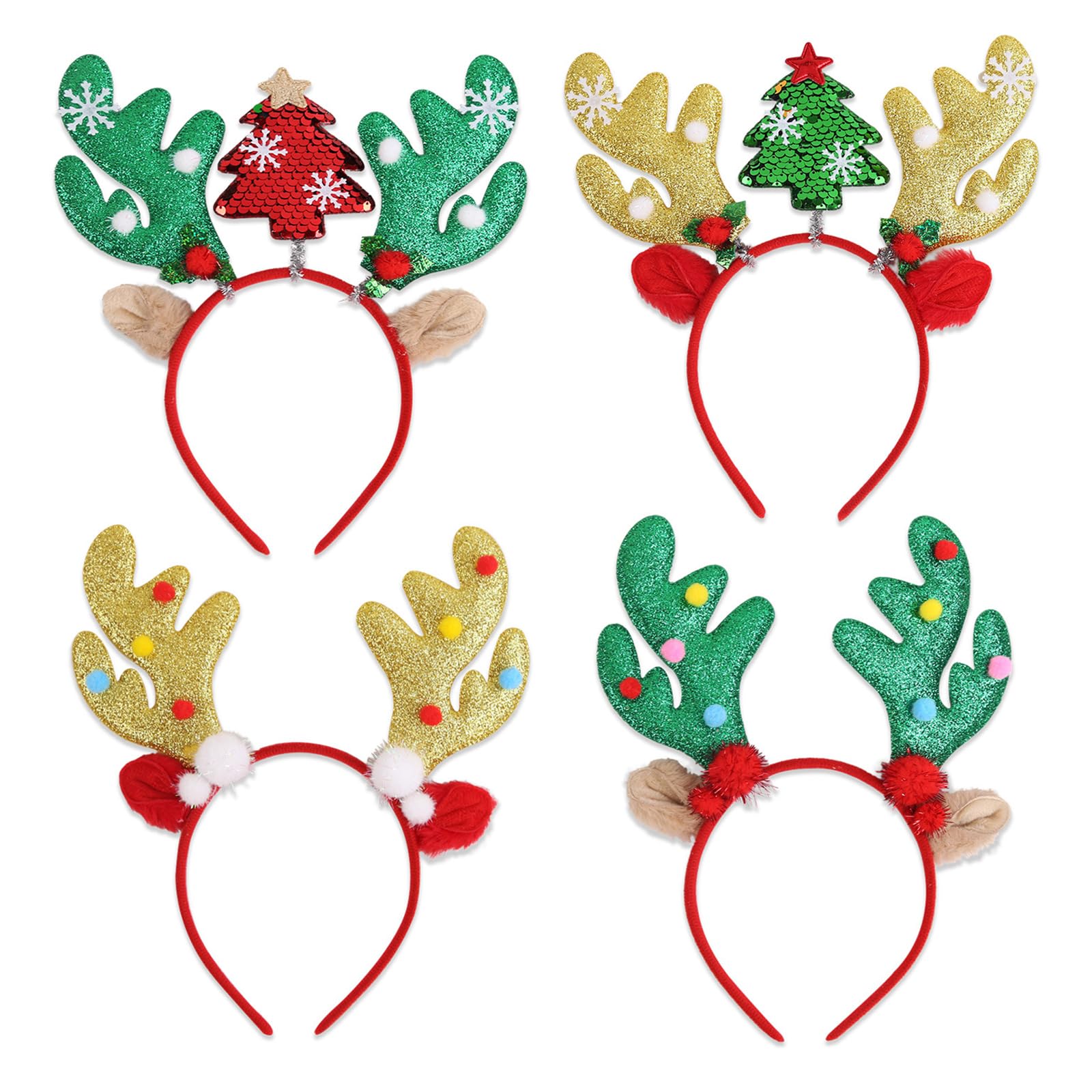 4 Pcs Christmas Headband with Glitter Reindeer Antlers Red Xmas Hair Hoop Hair Band for Kids Adults, Holiday Party Decoration Costume Headwear & Photo Prop
