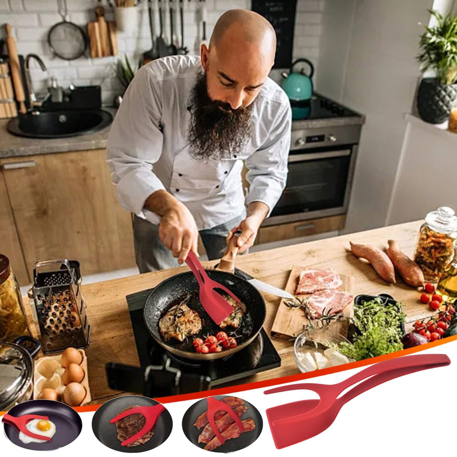 Silicone Shovel For Cooking Non- Stick Spatulas Tools 2 In 1 Pizza Turner Pancake Shovel Bbq Tongs Grip Spatula Barbecue Shovel Tongs Kitchen Essentials Egg Spatula Simple Whisk