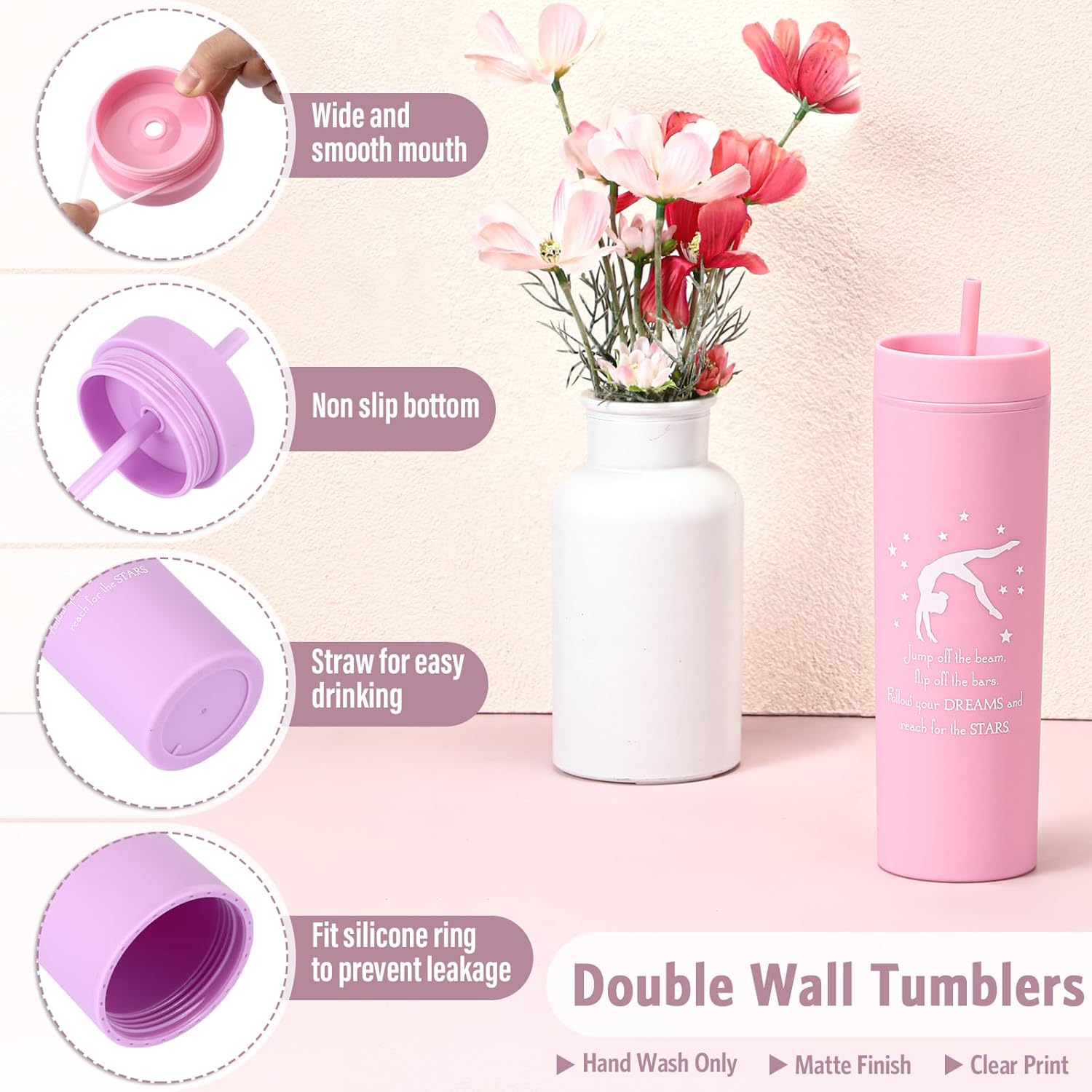 6 Pcs Gymnastics Party Favors Skinny Tumblers with Lids and Straws Gymnastics Birthday Party 16oz Water Bottle for Girls Teens Gymnasts Coach Team Gymnast Lovers(Pink,Purple)