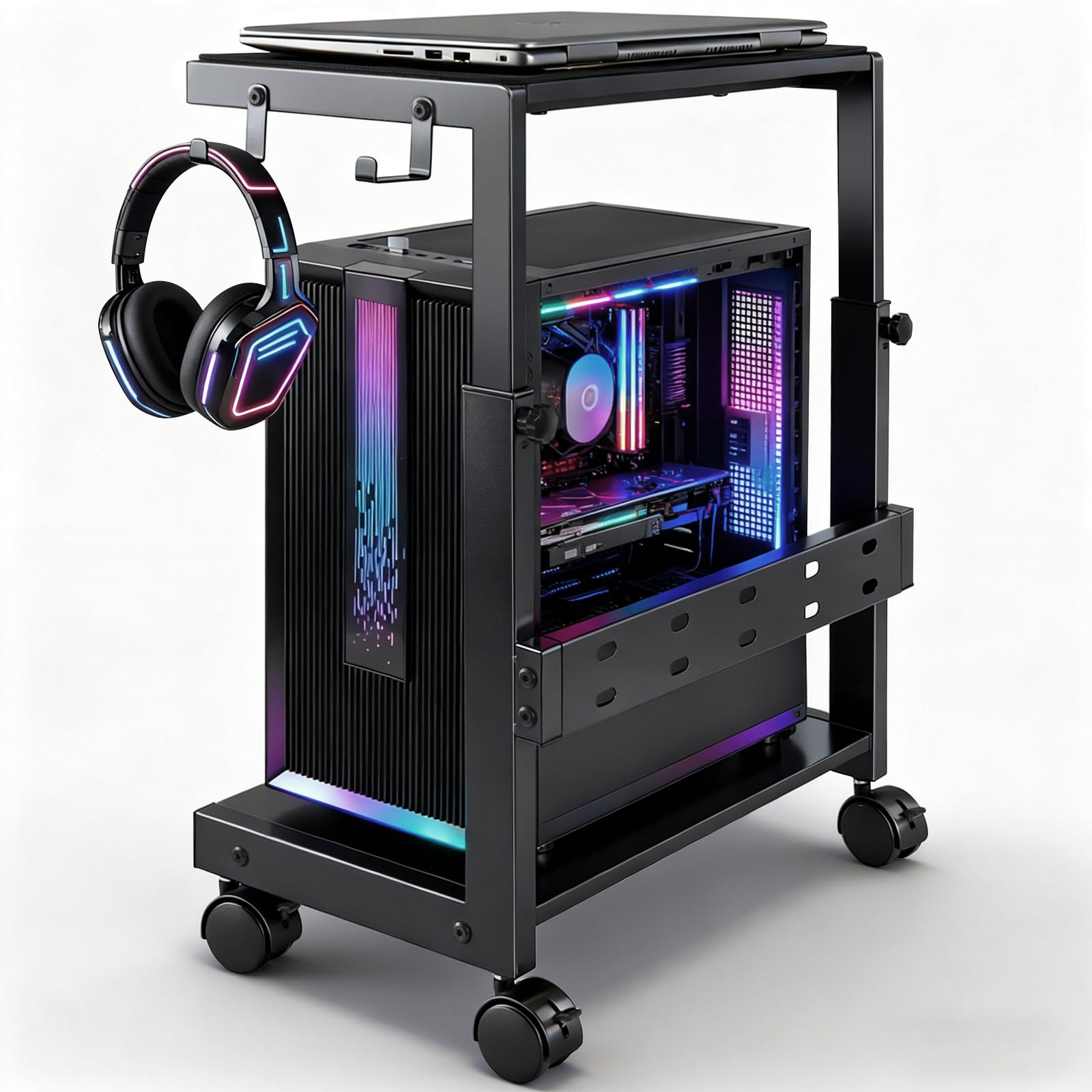 Adjustable Computer Tower Stand for Gaming & Office, CPU Stand with Mobile Wheels & Mouse Pad, Desktop Cart for Floor, 24.6-28.7 Inches Tall, Computer Carts & Machine - Large