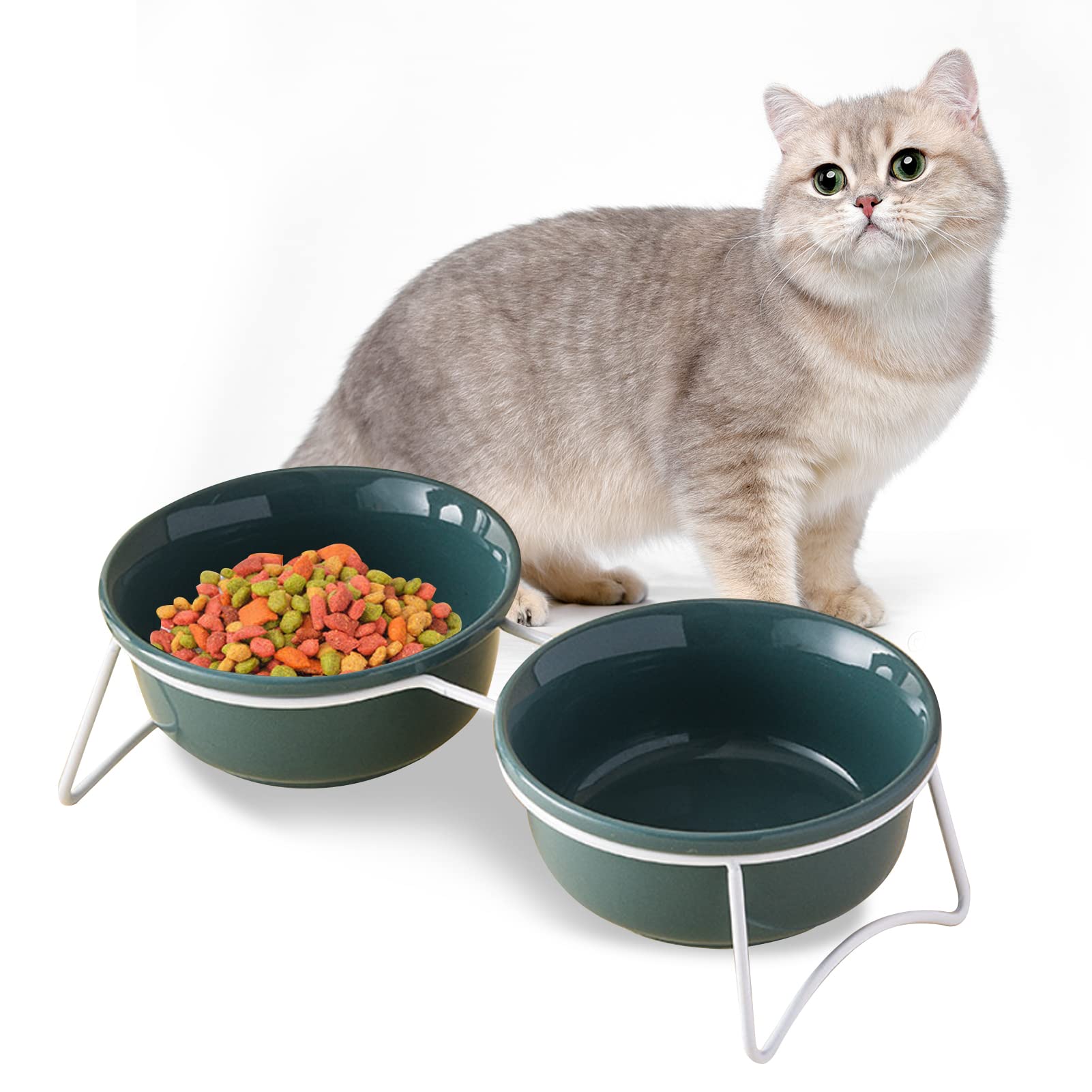 Beauenty 2pcs Ceramics Bowls for Food and Water Cat Bowl With Raised Stand 10.5 ° Inclination Protect Pet's Spine and Anti Vomitingfor Cats and Puppy Dishwasher Safe