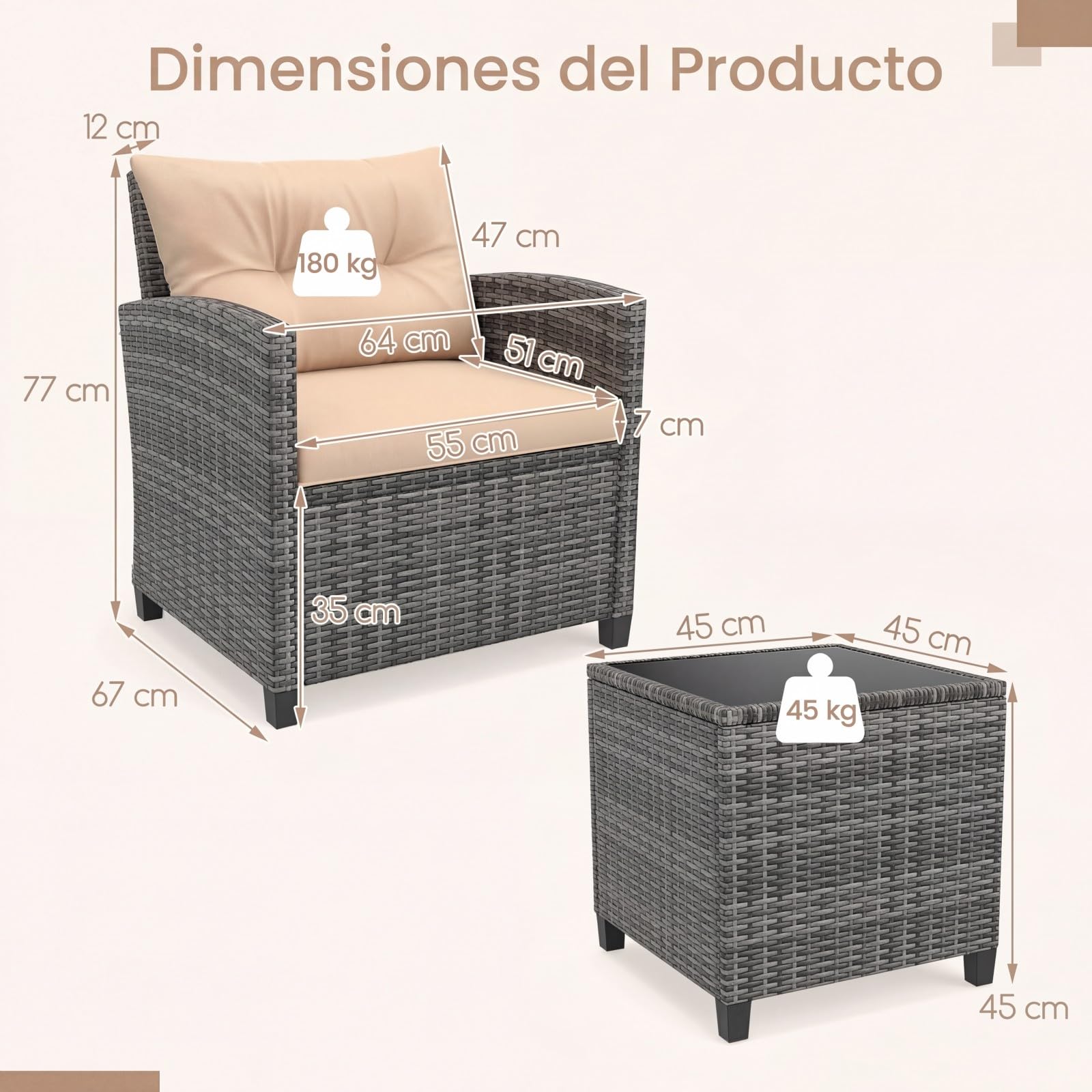 GIANTEX Conjunto de Muebles Jardín 3 Piezas, Mesa y Sillas de Exterior de Ratán PE con Cojines, Mesa con Tablero de Vidrio, para 2 Personas, para Terraza, Patio, Balcón (Gris+Marrón)